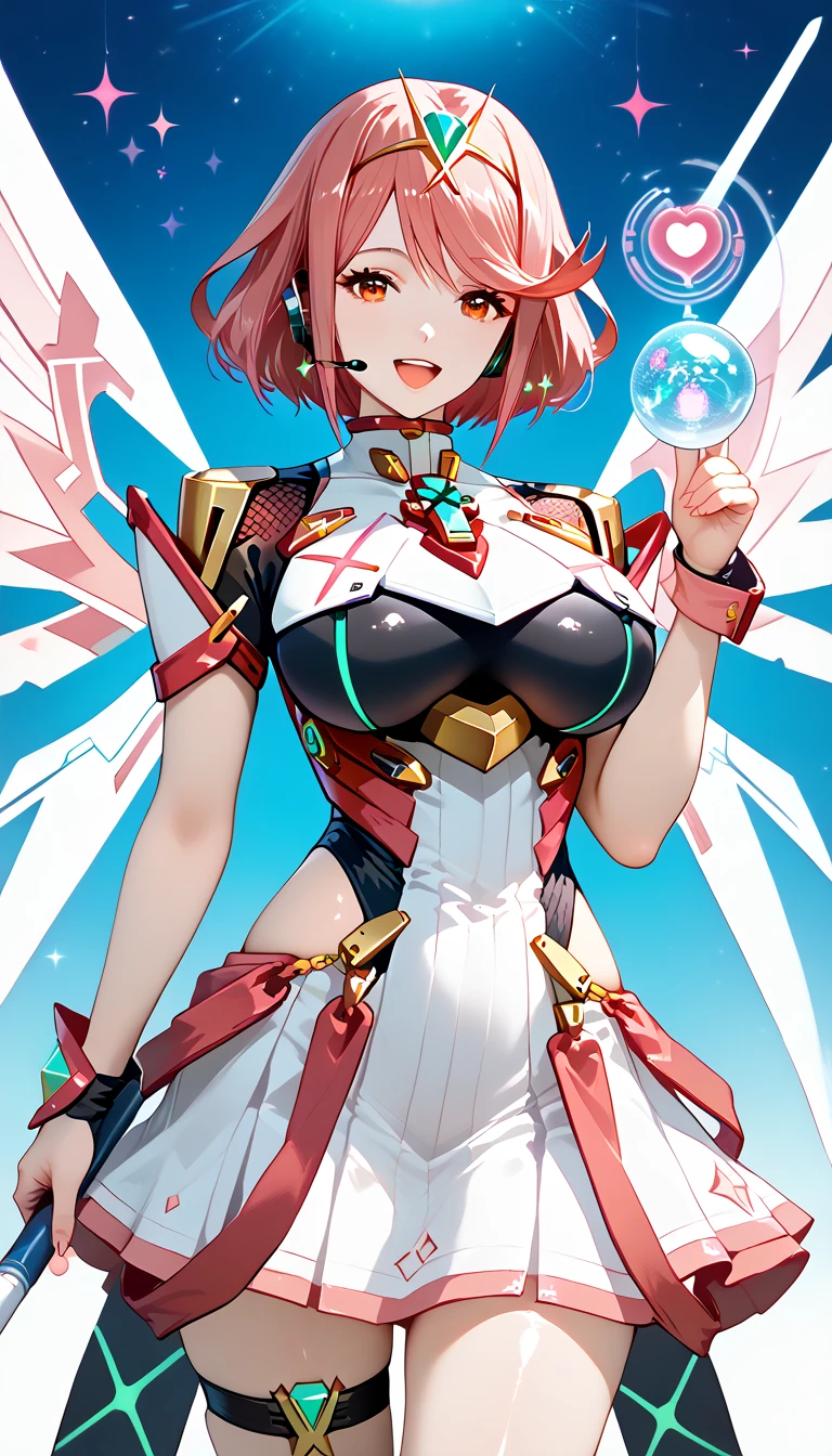 source_anime, masterpiece, best quality, perfect anatomy, very aesthetic, official art, pyra \(xenoblade\), 1girl, red hair, short hair, swept bangs, bob cut, red eyes, solo, traditional media, ultra detailed background, 
shiny skin, beautiful eyes, natural huge breasts, curvy, cowboy shot, big smile, open mouth, BREAK, (Futuristic white dress with silver holographic armor-style accents on the shoulders and waist:1.3),
(Neon pink LED-lined skirt that flares with layers of tulle:1.2),
(Silver high-tech boots with wings on the sides),
(Neon pink hair ribbons with floating holographic stars and silver headset:1.1),
(Magical staff with a crystal orb that changes colors with LED lighting),
(pink heart-shaped pendant:1.1)