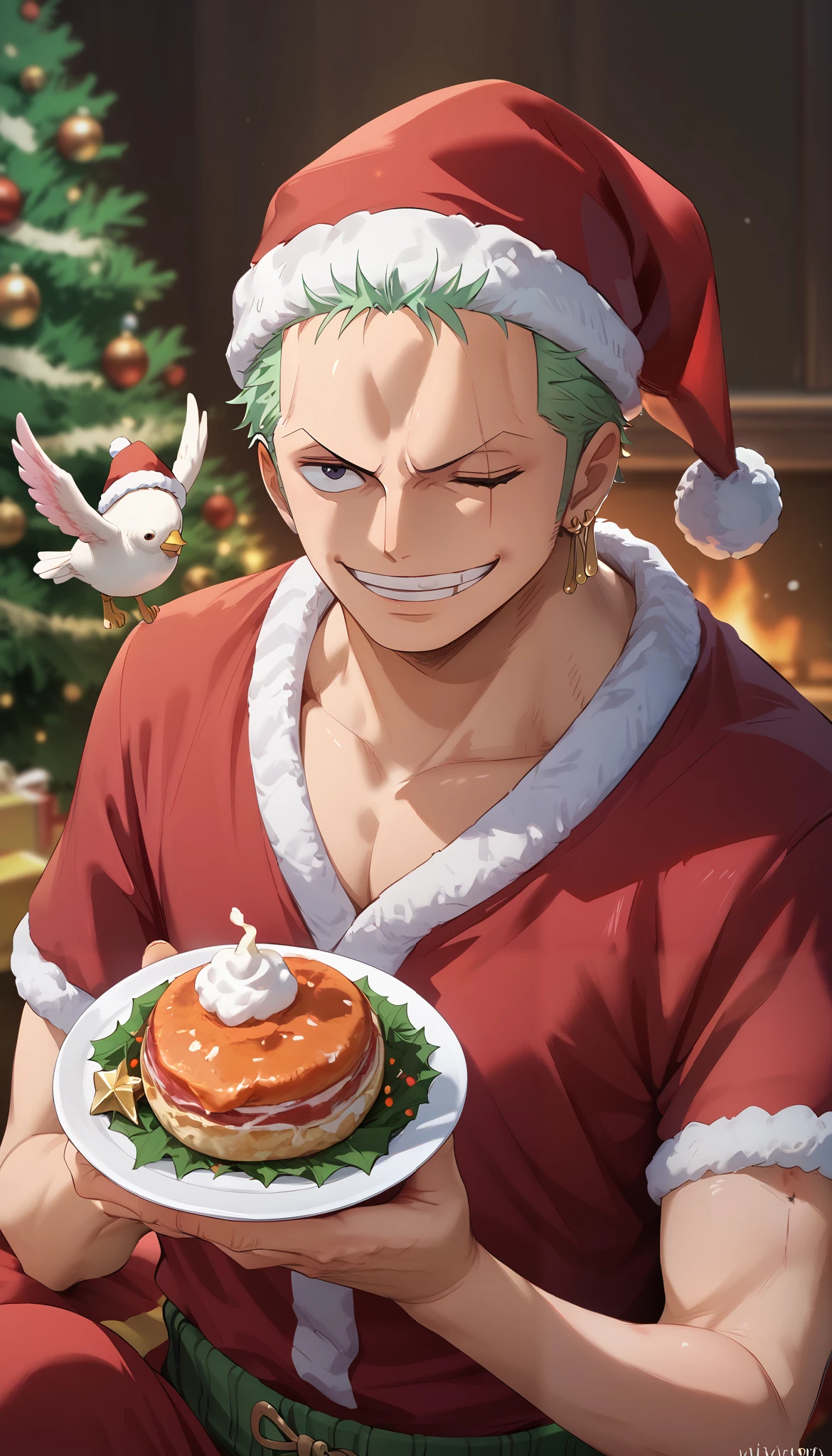 1man, Zoro, one piece, Christmas outfit,christmas hat, smile, eating chicken, masterpiece, high quality, detailed, wallpaper