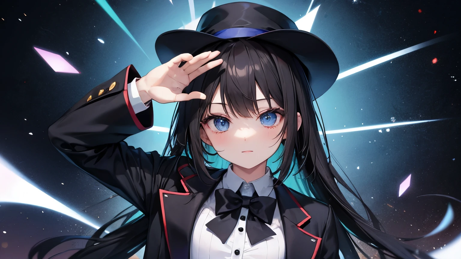  cute magician anime girl、 silk hat、short black jacket 、 White Buttoned Tee 、Trump、 Scenario Backdrop 