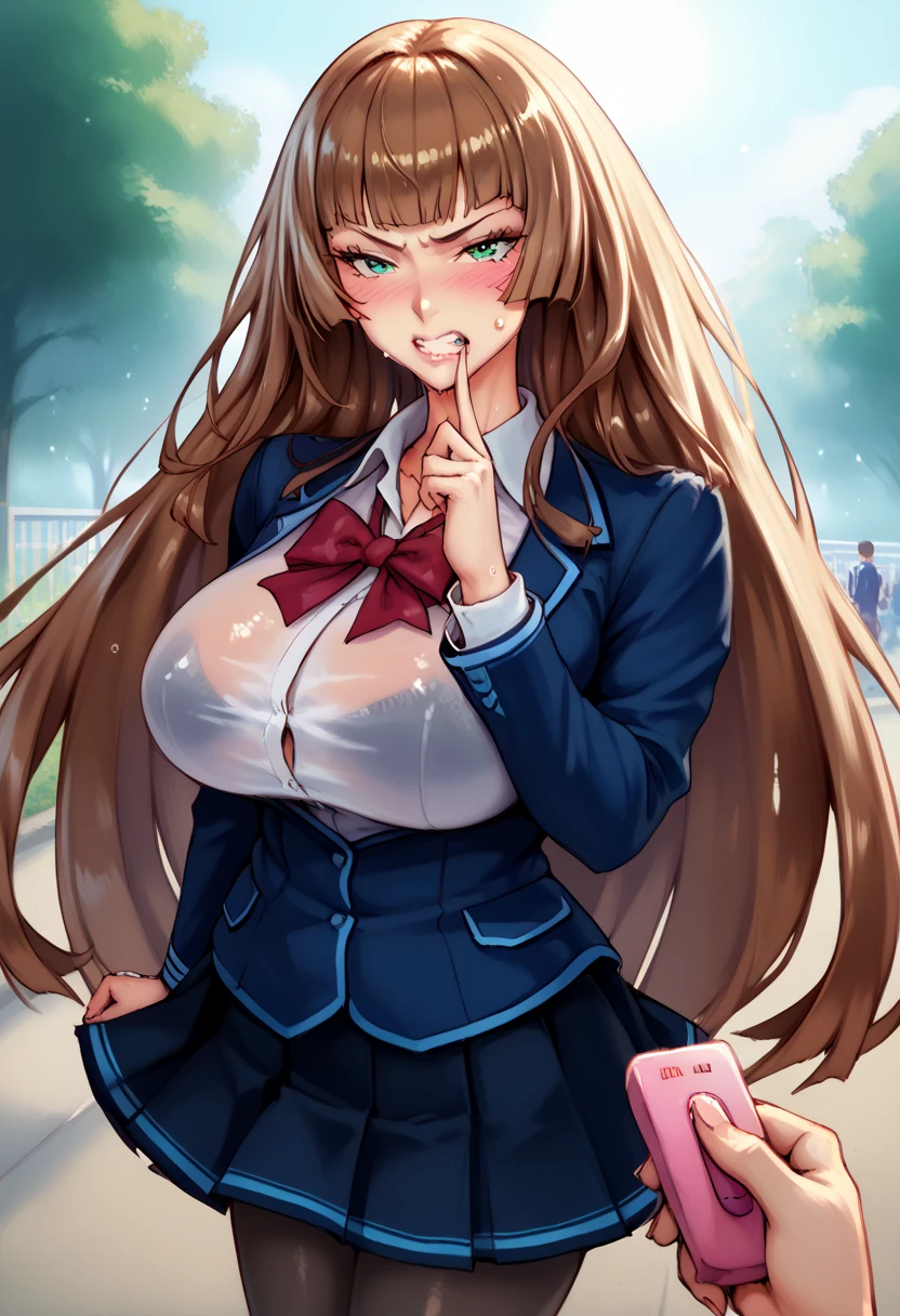 koukawa asukai, brown long hair, long hair, green eyes, large breasts,high see through shirt,school uniform,miniskirt, black pantyhose,score_9, score_8_up, score_7_up, perfect hands, perfect finger,perfect anatomy, masterpiece, best quality,realistic, hyperrealistic, 16k hdr,1 mature female,outdoor,high school,sun shine,strong wind,sweat,(red blush,angry,orgasm:1.2),(POV holding remote controller),(strong wind:1.1),sweat