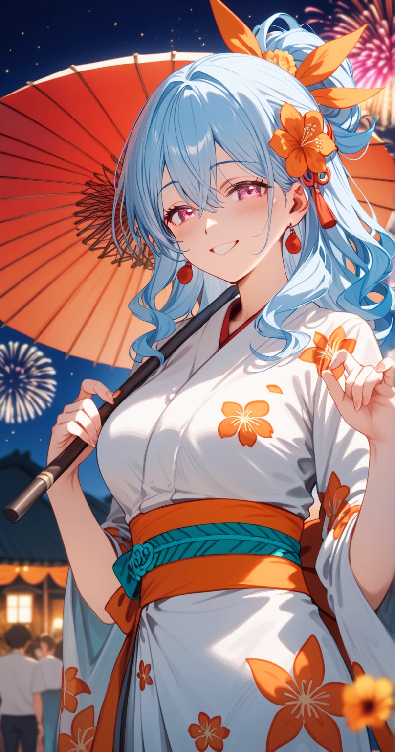 romancing saga 2, (half updo), pink eyes, light blue hair, hair ornament, black hairband, orange flower kanzashi,dark blue yukata,orange obi,red Japanese umbrella , bangs between eyes
BREAK
25 year old woman、medium breasts,Moist eyes、Gentle eyes、Gentle look , blush,smile
BREAK
high definition , masterpiece,  anatomically correct ,  very detailed,  High Quality 
BREAK
Dienamic pose、summer festival at night, fireworks