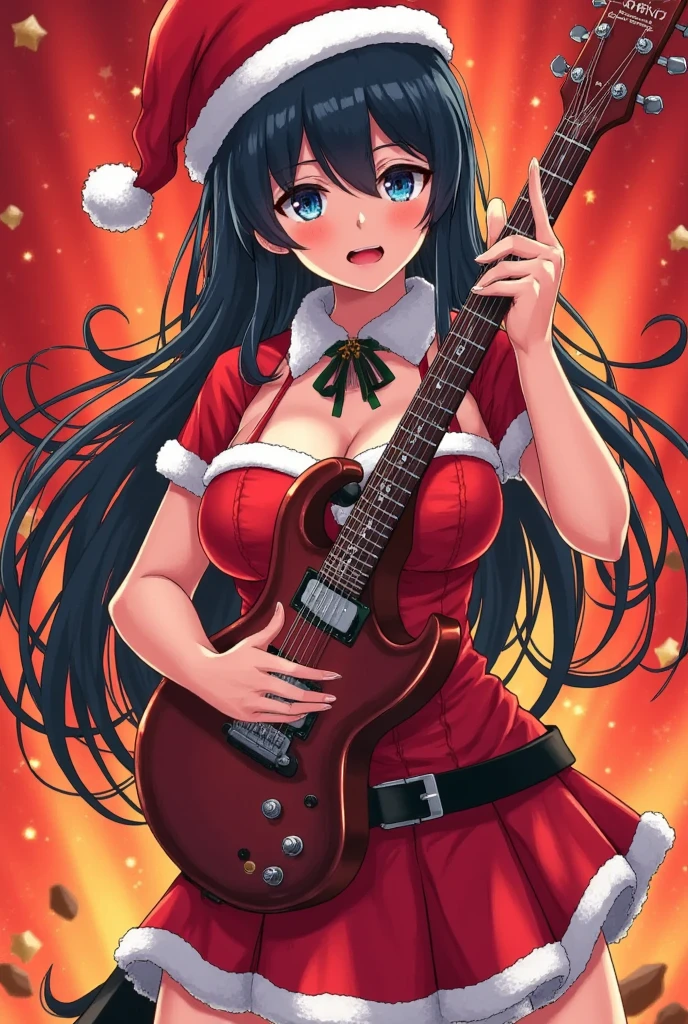 santagirl,chirtsmas,18 girl，wearing guitar ，JK，bold style inspired by comics and graphic design. Ratcore，monochrome chaos，from all of the above，new trendy icons，poster art，realistic rendering，exquisite materials，studio lighting，blind box，orange-red background，(masterpiece:1.2)，best quality，masterpiece，highres，original，extremely detailed wallpaper，perfect lighting，(extremely detailed CG:1.2)，drawing，paintbrush,