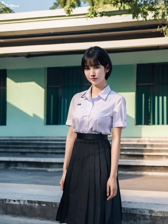 (photorealistic:1.4) solo,Best quality, masterpiece ,Thai classroom, solo,1girl ,(mathayom uniform),white shirt short sleeves,(black pleated long skirt:1.2),short hair , Pretty thai woman short hair , big breasts , The shirt is tight , big tits
 