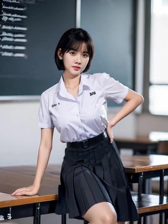 (photorealistic:1.4) solo,Best quality, masterpiece ,Thai classroom, solo,1girl ,(mathayom uniform),white shirt short sleeves,(black pleated long skirt:1.2),short hair , Pretty thai woman short hair , big breasts , The shirt is tight , big tits
 