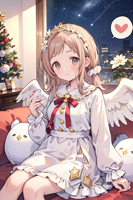 Sakuragi Mano, ((Mega Breasts)),　　(((Starry Sky))), Absolute territory,　　smile, 　(Midnight), Fluffy,　(Healing), Frills, ((a little white pigeon)), ((feathers)),　brooch, medium hair, best quality, masterpiece, blush, pigeon's blood ruby accessory, light brown hair, 　outside curling hairstyle, side fringe, (forehead : 1.28), left-right symmetry fashion,　Xmas, ((Xmas tree in the room)), ((((white shift dress)))), completely white fashion, ((angel)),　long sleeves, winter, snow, light brown hair, light brown eyes, 　living room, Xmas party, present box under Xmas tree, (cake on the dish), sitting on the sofa, eating a piece of cake, quilted skirt, stuffed bird toy, (((white flower crown))),　(white wrist scrunchie), (white ankle scrunchie), ((white wings)), (((spoken heart))),