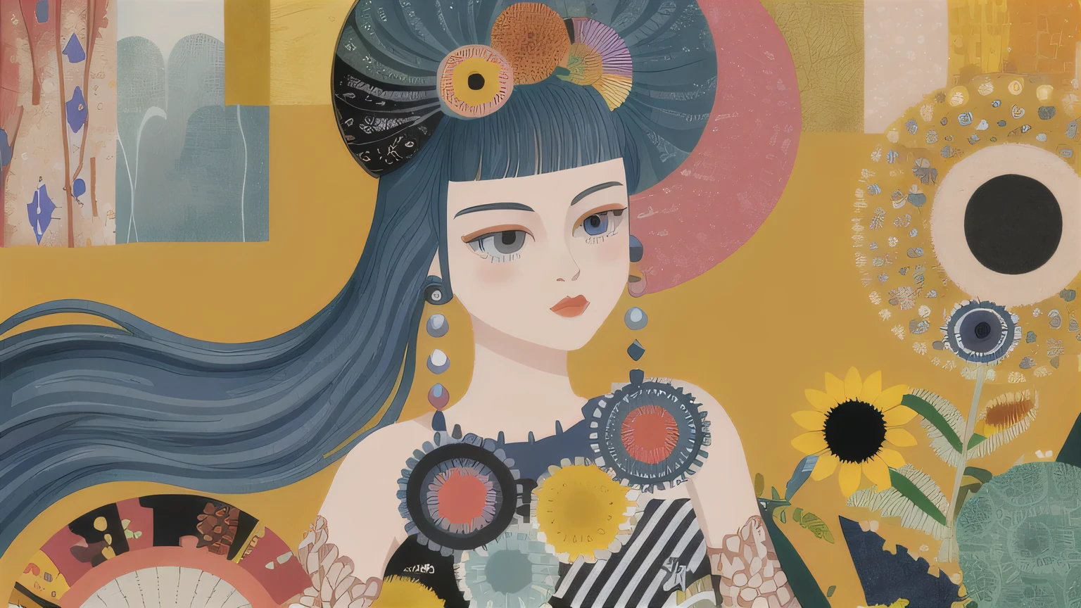 masterpiece, illustration of yellow art, in the style of grunge beauty, sandara tang, mixed patterns, charming character illustrations, folkloric , minimalis