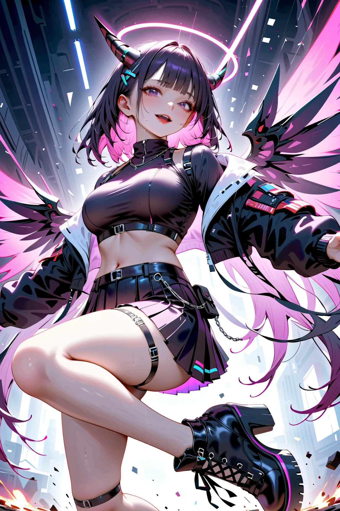 masterpiece,(Highest quality),Very detailed,Very detailed,One person,(メカnicalwing:,Glowing Eyes:green,:1.2,Long, thin ears:0.8),(Cyberpunk City:1.5,arms:Energy Blade),(Fantasy Landscape:1.2,Natural light:1.5,Confident expression),(Panorama:1.2), smile,angle,Angels, wing,,