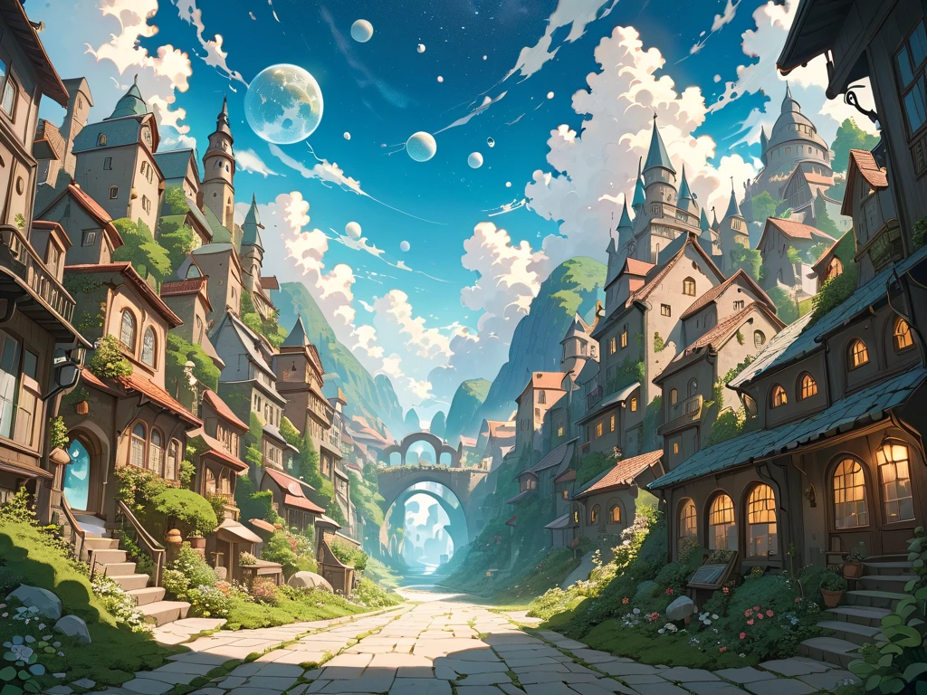 look up into outer space with vivid planets floating from a beautiful fantasy townscape, (masterpiece, ultra detailed, top quality), Studio Ghibli, PEAnimeBG.