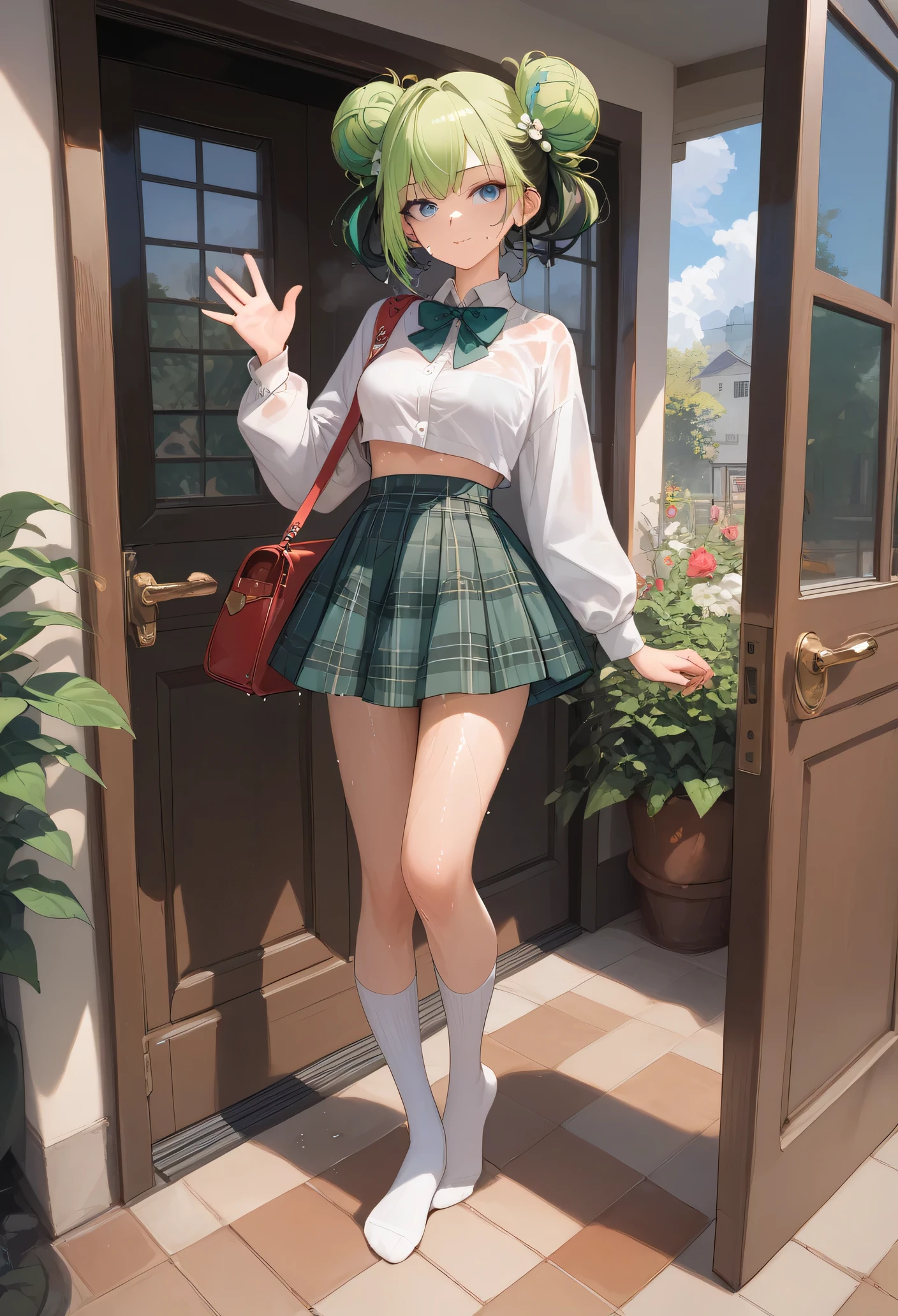 (((Masterpiece , high quality image: 1.5))) full body picture, messy buns, (fading dark green dyed hair) blue eyes, exited expression, shes standing at the door entrance, 1girl, white cropped shirt with dark green ribbon, Plaid skirt, white knee high socks with small dark green flower design. Shoulder bag on the left, waving right hand. ((Sweaty, wet from sweat: 1.3)), (slim) slender, medium breast.