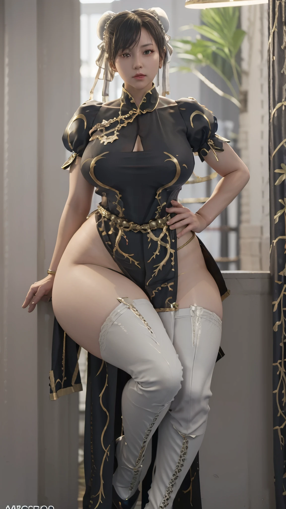 Chun Li, pantyhose black, white boots,seria, beautiful eyes, beautiful thighs, white sweater with collar, Thick thighs, curvy hips, large breasts, muscular thighs 