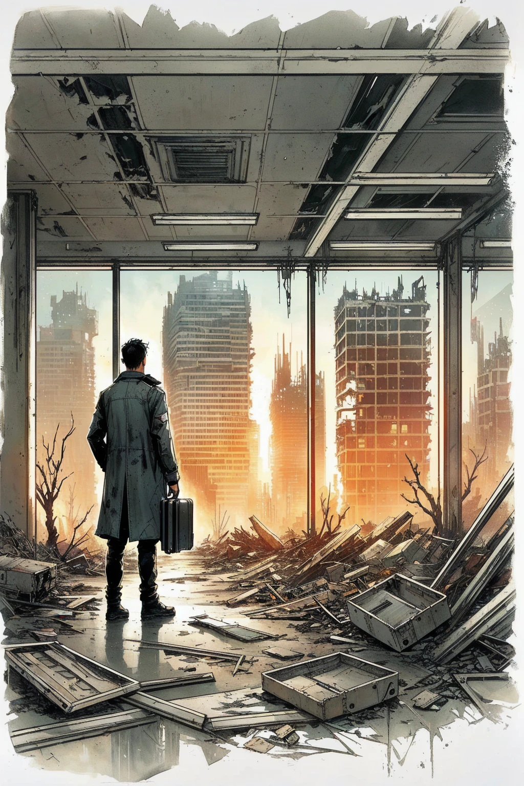 a man standing in an abandoned office room with a suitcase, matte painting comic book art, in a ruined cityscape, destroying a cityscape, dystopian wasteland, graphic novel cover art, dystopian scifi apocalypse, digital concept art of dystopian, dystopian art, burned city, in postapocalypse city, ruined cityscape, # dystopian art, in a post-apocalyptic wasteland