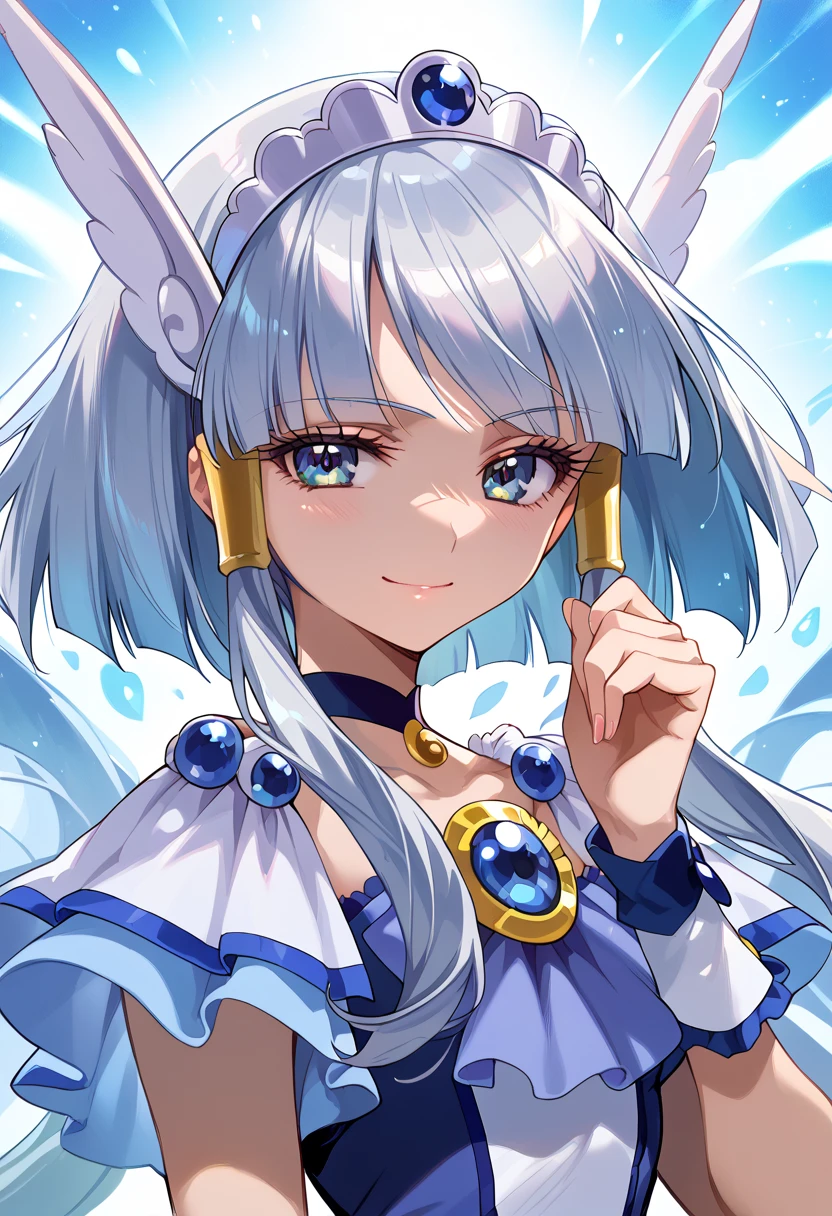 detailed background, shiny skin, posing, rating safe,  half-closed eyes, seductive  evil smile,curebeauty,,Extremely beautiful anime style,( Silver Hair),Dark aura