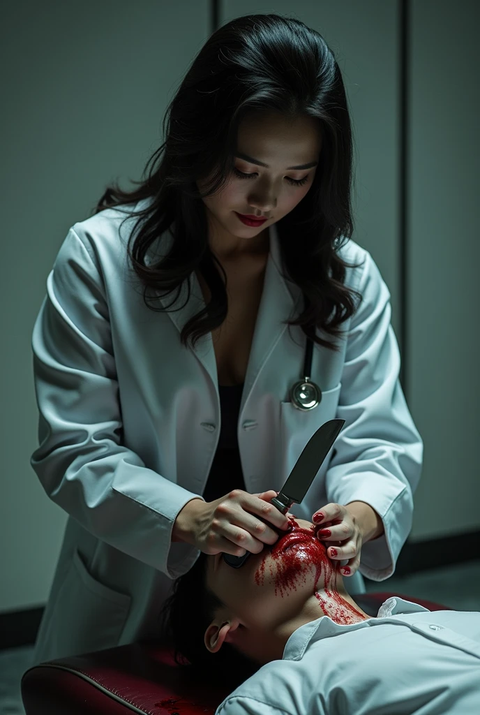 masterpiece, highest quality, (solo focus), (perfect face:1.1), (high detail:1.1), (hyper detailed eyes),Male patient on operating table、Bright torture chamber、High School Uniform、1XGALX Mistress 、performing abdominal dissection 2、（Sadistic schoolgirl opening her laparotomy:2）、1XGメンバーミストレス with scalpel for surgical surgery、A crazy smile、Look at viewers、Enjoying pulling out the internal organs