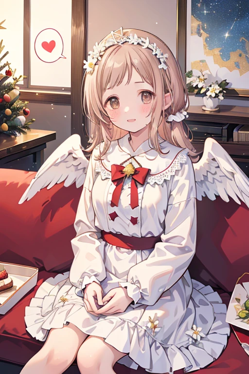 Sakuragi Mano, ((Mega Breasts)),　　(((Starry Sky))), Absolute territory,　　smile, 　(Midnight), Fluffy,　(Healing), Frills, ((a little white pigeon)), ((feathers)),　brooch, medium hair, best quality, masterpiece, blush, pigeon's blood ruby accessory, light brown hair, 　outside curling hairstyle, side fringe, (forehead : 1.28), left-right symmetry fashion,　Xmas, ((Xmas tree in the room)), ((((white shift dress)))), completely white fashion, ((angel)),　long sleeves, winter, snow, light brown hair, light brown eyes, 　living room, Xmas party, present box under Xmas tree, (cake on the dish), sitting on the sofa, eating a piece of cake, quilted skirt, stuffed bird toy, (((white flower crown))),　(white wrist scrunchie), (white ankle scrunchie), ((white wings)), (((spoken heart))),