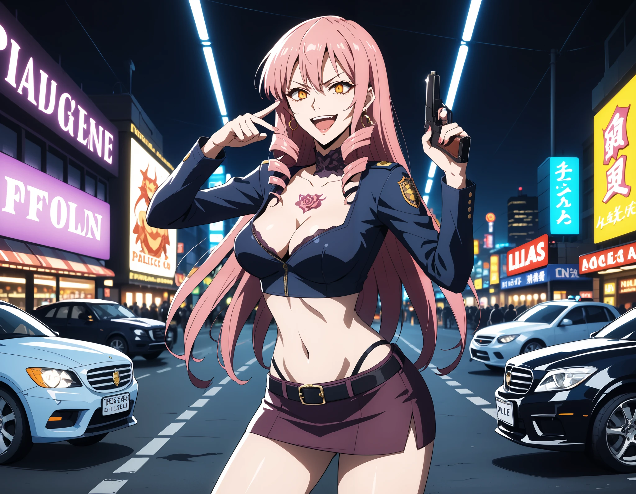 1girl, solo,
score_6, score_7, score_8, score_9,
 pink hair, long hair, drill hair, orange_eyes, yellow_eyes, midriff, navel, cleavage, smirk, FullyExposedStomach, midriff, navel,
(toned_body:0.8),  bar
background, inside bar,indoors, cityscape, casino, nightclub, city lights,jewelry, earrings, masterpiece, best quality, highly detailed, a anime girl in police uniforms , police outfit, military outfit,
open mouth, cleavage, evil smile, smile, ecchi anime style, anime girl, digital anime art!!, in anime
style, (nsfw) not safe for work, official artwork, , beautiful anime girl, anime style 4 k, micro pencil
skirt, pencil skirt, micro skirt, exposed
belly, exposed navel, exposed midriff, exposed lower belly, holding a gun, holding pistol,next to police
car,outdoor,street,road, police car, nipple slip,, tattoo on body, dragon tattoo, tattoo midriff, rose tattoo,, dual wielding, , open arms sideway, arms T-pose, smirk, standing, anime girl T posing