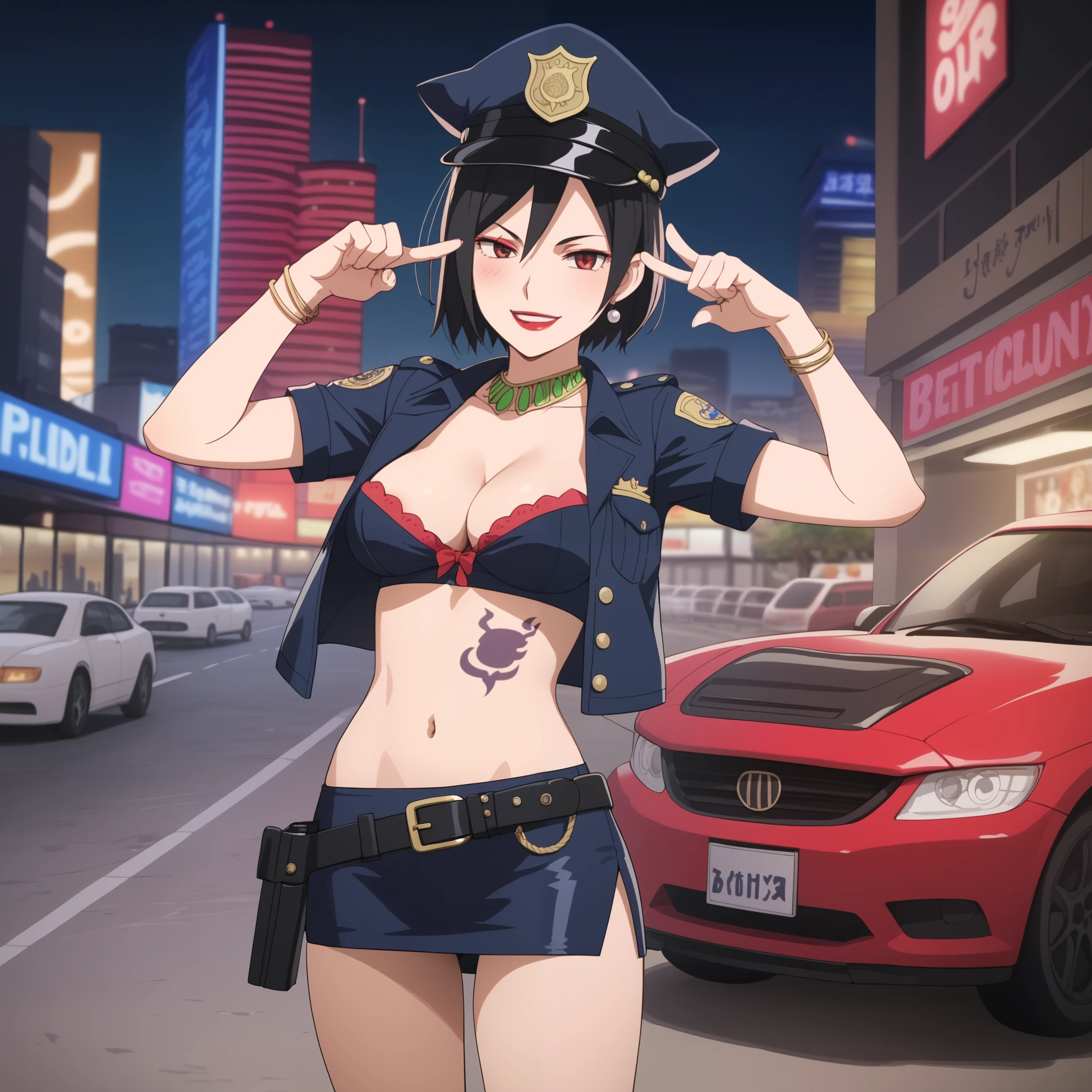 dtbshaozi, best quality, masterpiece, uncensored,1girl, solo,tsurime,black hair,stomach tattoo, midriff, short hair, large breasts, navel, earrings,  medium breasts, bracelet, red eyes, necklace, makeup,lipstick,  dual wielding, , ear piercing, long hair, blush, lipstick,Hot girl, baddie, smoking, sensual, attractive ,bar
background, inside bar,indoors, cityscape, casino, nightclub, city lights, jewelry, masterpiece, best quality, highly detailed, a anime girl in police uniforms , police outfit, military outfit,
open mouth, cleavage, evil smile, smile, ecchi anime style, anime girl, digital anime art!!, in anime
style, (nsfw) not safe for work, official artwork, , beautiful anime girl, anime style 4 k, micro pencil
skirt, pencil skirt, micro skirt, exposed
belly, exposed navel, exposed midriff, exposed lower belly, holding a gun, holding pistol,next to police
car,outdoor,street,road, police car, nipple slip,, tattoo on body, dragon tattoo, tattoo midriff, open arms sideway, arms T-pose, smirk, standing, anime girl T posing