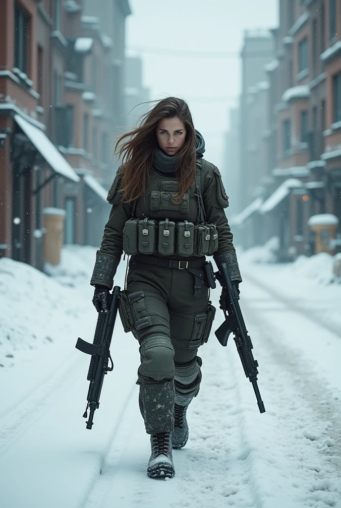 A beautiful brunette soldier girl, wearing winter camo military gear, camo plate carrier rig, combat gloves, AR-15, during a snow storm,, beautiful, moody lighting, best quality, full body portrait, real picture, intricate details, depth of field, in a cold snowstorm, , Fujifilm XT3, outdoors, bright day, Beautiful lighting, RAW photo, 8k uhd, film grain, dark hues, moody