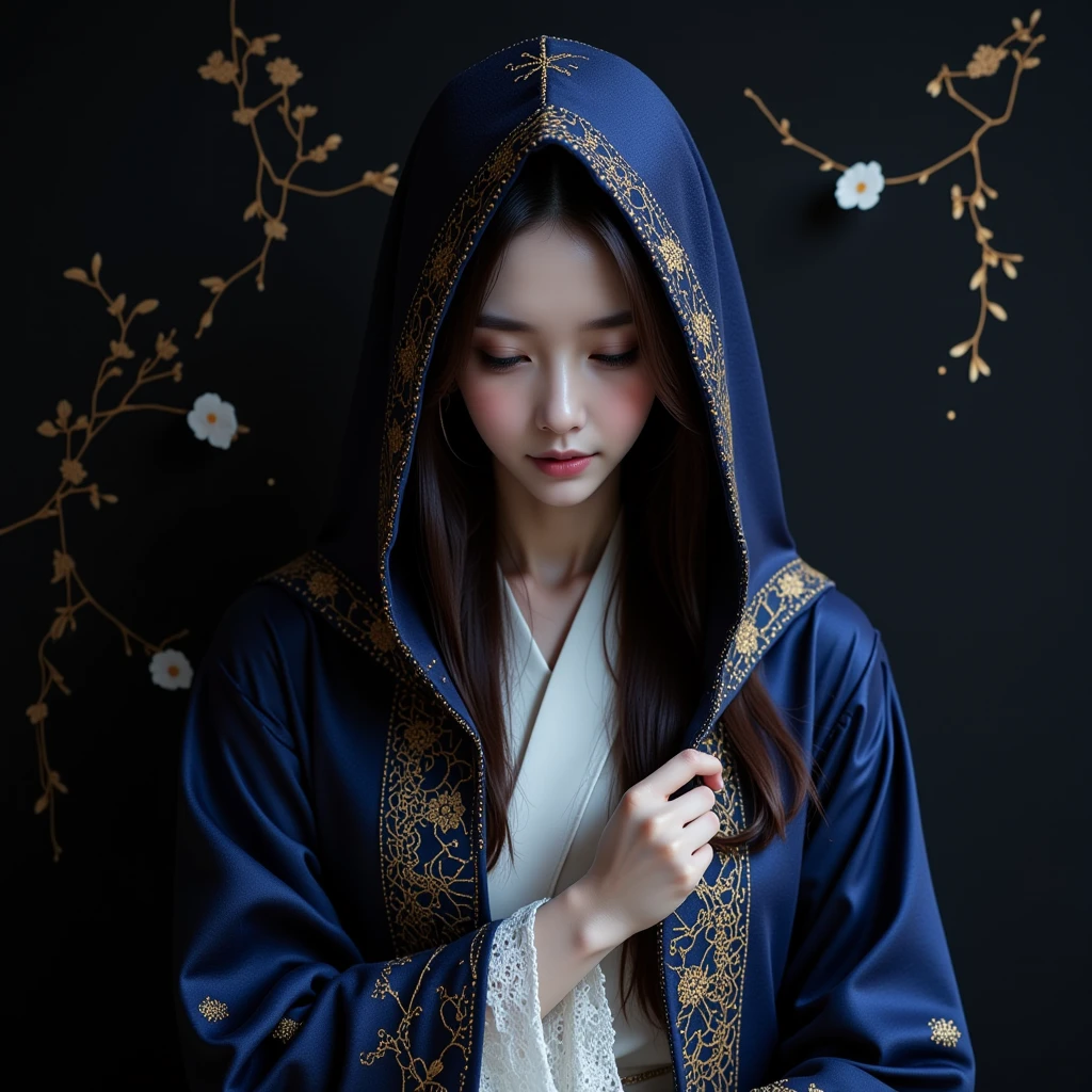 by Bastien Lecouffe-deharm、A stunning portrait of an Asian woman wearing a deep, dark blue silk robe with golden Gothic-style embroidery. The robe's hood is pulled very deeply over her head, completely covering her forehead and casting shadows over her face, while draping elegantly over her shoulders. Underneath the robe, she wears a traditional white kimono visible at the neckline and sleeves. She is looking downward with a serene expression, her head slightly bowed, adding a sense of mystery and calm. The background is a simple, black serene wall with subtle artistic Japanese-inspired patterns and soft light effects, enhancing the graceful and tranquil atmosphere.