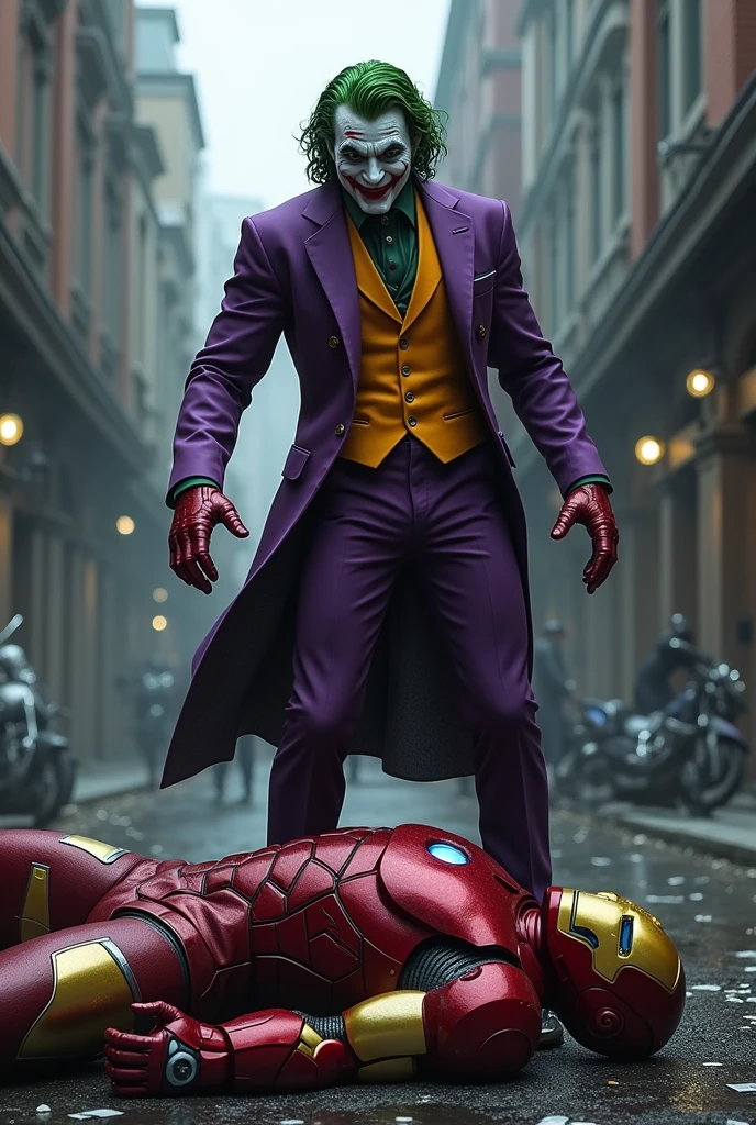 masterpiece, photorealistic highly detailed 8k photography, best cinematic quality, volumetric lighting and shadows, sharp intricate details, <lora:hadesarmorXL:1>joker in reflective hdsrmr, (dynamic pose:1.2), Shadowy Playground of Broken Swings background
