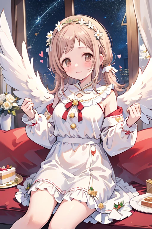 Sakuragi Mano, ((Mega Breasts)),　　(((Starry Sky))), Absolute territory,　　smile, 　(Midnight), Fluffy,　(Healing), Frills, ((a little white pigeon)), ((feathers)),　brooch, medium hair, best quality, masterpiece, blush, pigeon's blood ruby accessory, light brown hair, 　outside curling hairstyle, side fringe, (forehead : 1.28), left-right symmetry fashion,　Xmas, ((Xmas tree in the room)), ((((white shift dress)))), completely white fashion, ((angel)),　long sleeves, winter, snow, light brown hair, light brown eyes, 　living room, Xmas party, present box under Xmas tree, (cake on the dish), sitting on the sofa, eating a piece of cake, quilted skirt, stuffed bird toy, (((white flower crown))),　(white wrist scrunchie), (white ankle scrunchie), ((white wings)), (((spoken heart))),