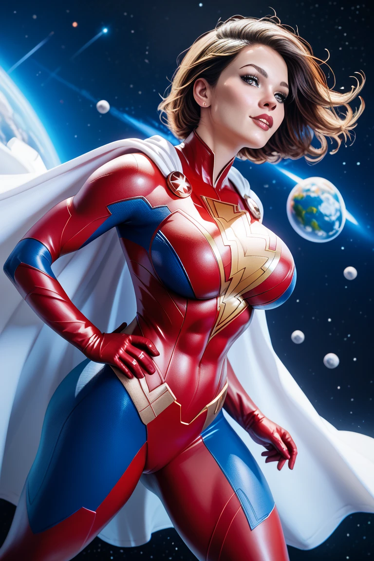 Sexy mary marvel,flying in space,detailled abs,detailled face,strong,red superheroine suit,white cape,clevage,big breast