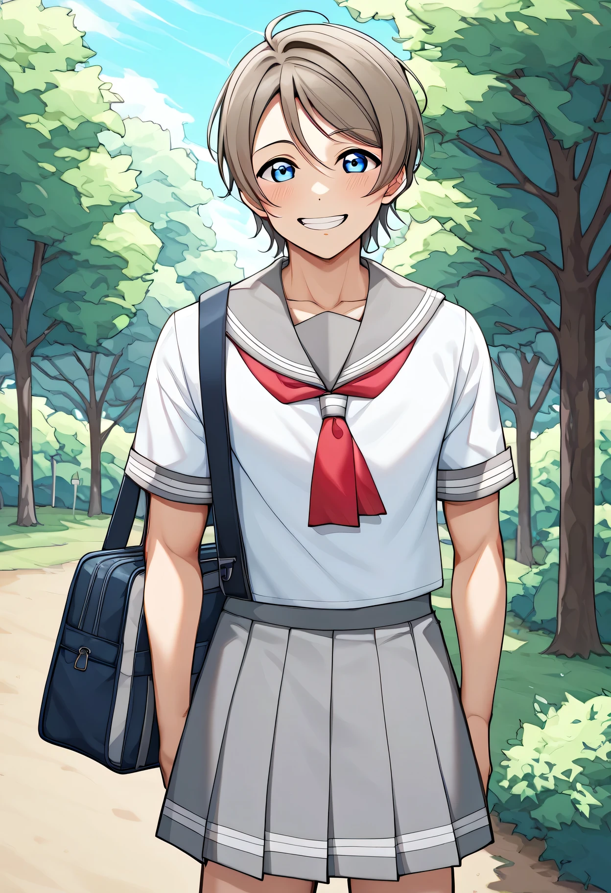 score 9 、score 8 up、score 7 up、source anime、1boy、(male:1.55)、Alone、looking at viewer、smile、Short Hair、 blue eyes、Brown Hair、Grey Hair、grey sailor collar 、 white shirt、school uniform、Short sleeve、 pleated skirt 、outdoors、 sailor suit、 gray skirt、 red neckerchief、bag、Green、tree、v、(manly:1.55)、school bag、uranohoshi school uniform、you Watanabe love live、(male body:1.55)、