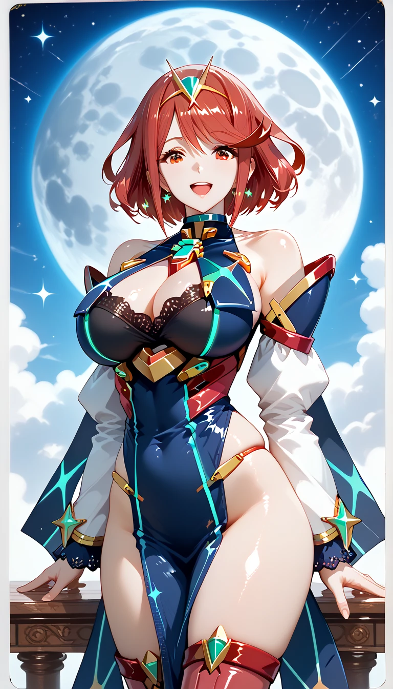 source_anime, masterpiece, best quality, perfect anatomy, very aesthetic, official art, pyra \(xenoblade\), 1girl, red hair, short hair, swept bangs, bob cut, red eyes, solo, traditional media, ultra detailed background, 
shiny skin, beautiful eyes, natural huge breasts, cleavage, curvy, cowboy shot, big smile, open mouth, BREAK, (Flowing midnight blue dress with silver and gold star constellations embroidered along the hem:1.3),
silver futuristic waist belt,
(Gold lace-up boots with silver star patterns and LED lighting),
(Silver headpiece resembling a crescent moon with tiny floating stars around it:1.1),
(Sleeves with keyboard pattern),
(Glowing blue choker with a holographic moon pendant:1.2)