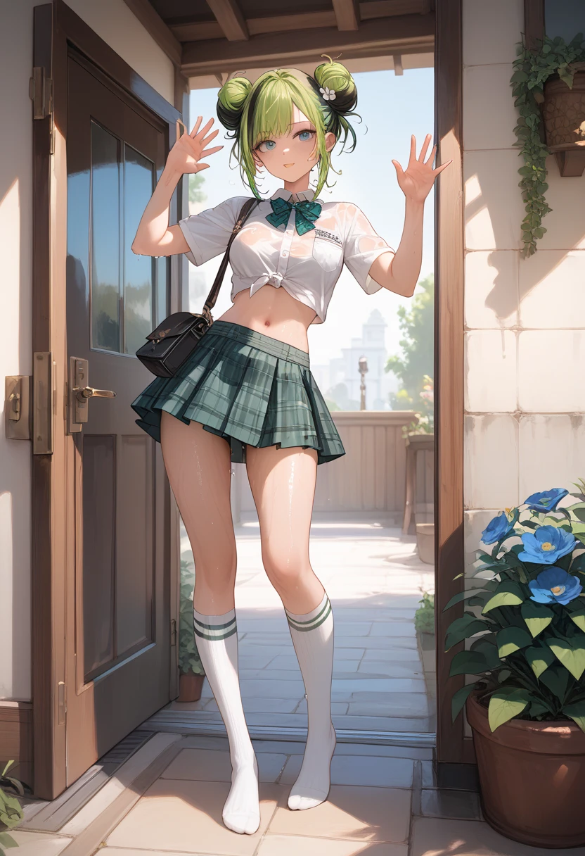 (((Masterpiece , high quality image: 1.5))) full body picture, messy buns, (fading dark green dyed hair) blue eyes, exited expression, shes standing at the door way, 1girl, white cropped shirt with dark green ribbon, Plaid skirt, (white knee thigh high socks with dark green flower design). Shoulder bag on the left, waving right hand. ((Sweaty, wet from sweat: 1.3)), (slim) slender, medium breast, navel, (detailed Face)