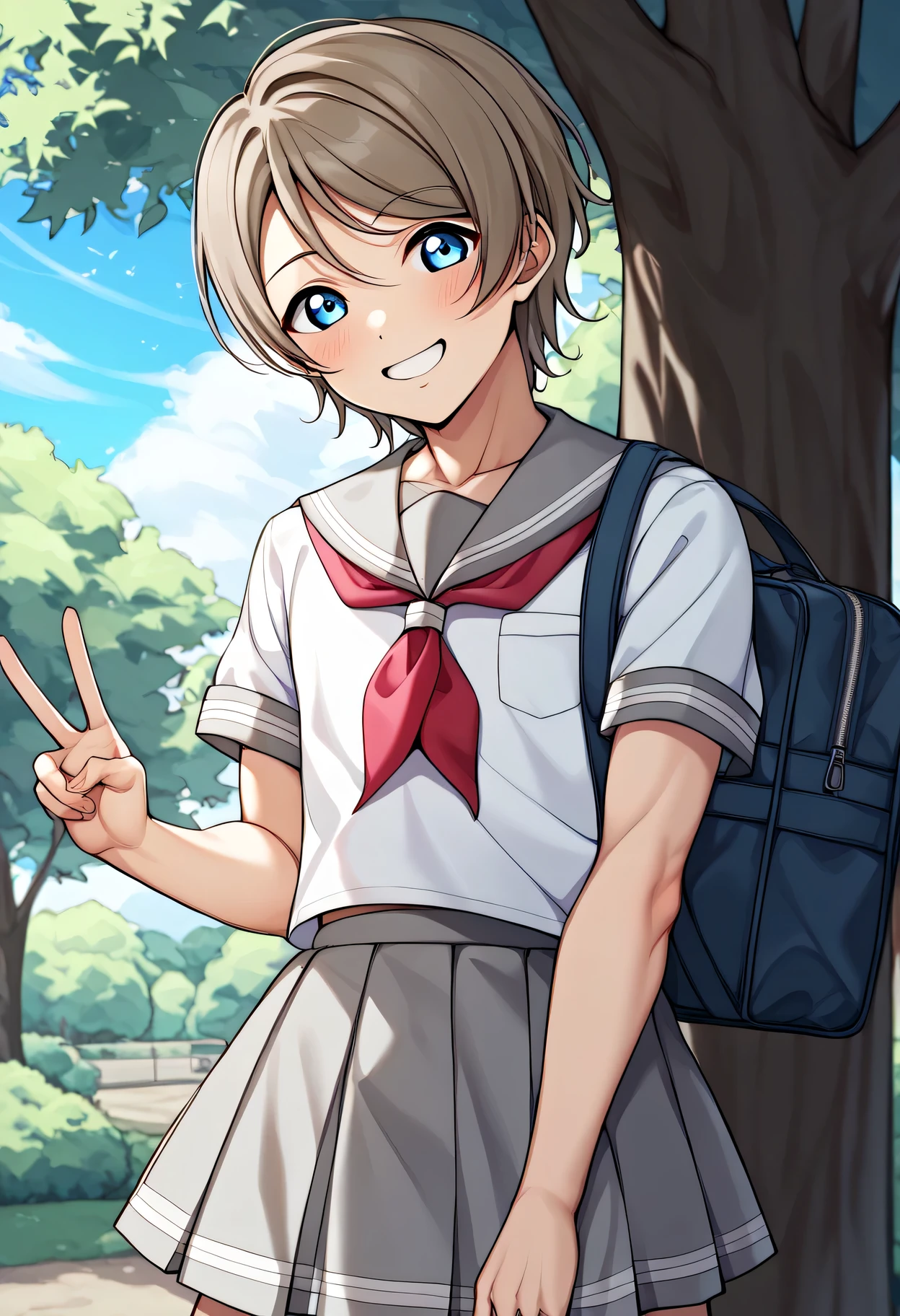 score 9 、score 8 up、score 7 up、source anime、1boy、(male:1.55)、Alone、looking at viewer、smile、Short Hair、 blue eyes、Brown Hair、Grey Hair、grey sailor collar 、 white shirt、school uniform、Short sleeve、 pleated skirt 、outdoors、 sailor suit、 gray skirt、 red neckerchief、bag、Green、tree、v、(manly:1.55)、school bag、uranohoshi school uniform、you Watanabe love live、(male body:1.55)、