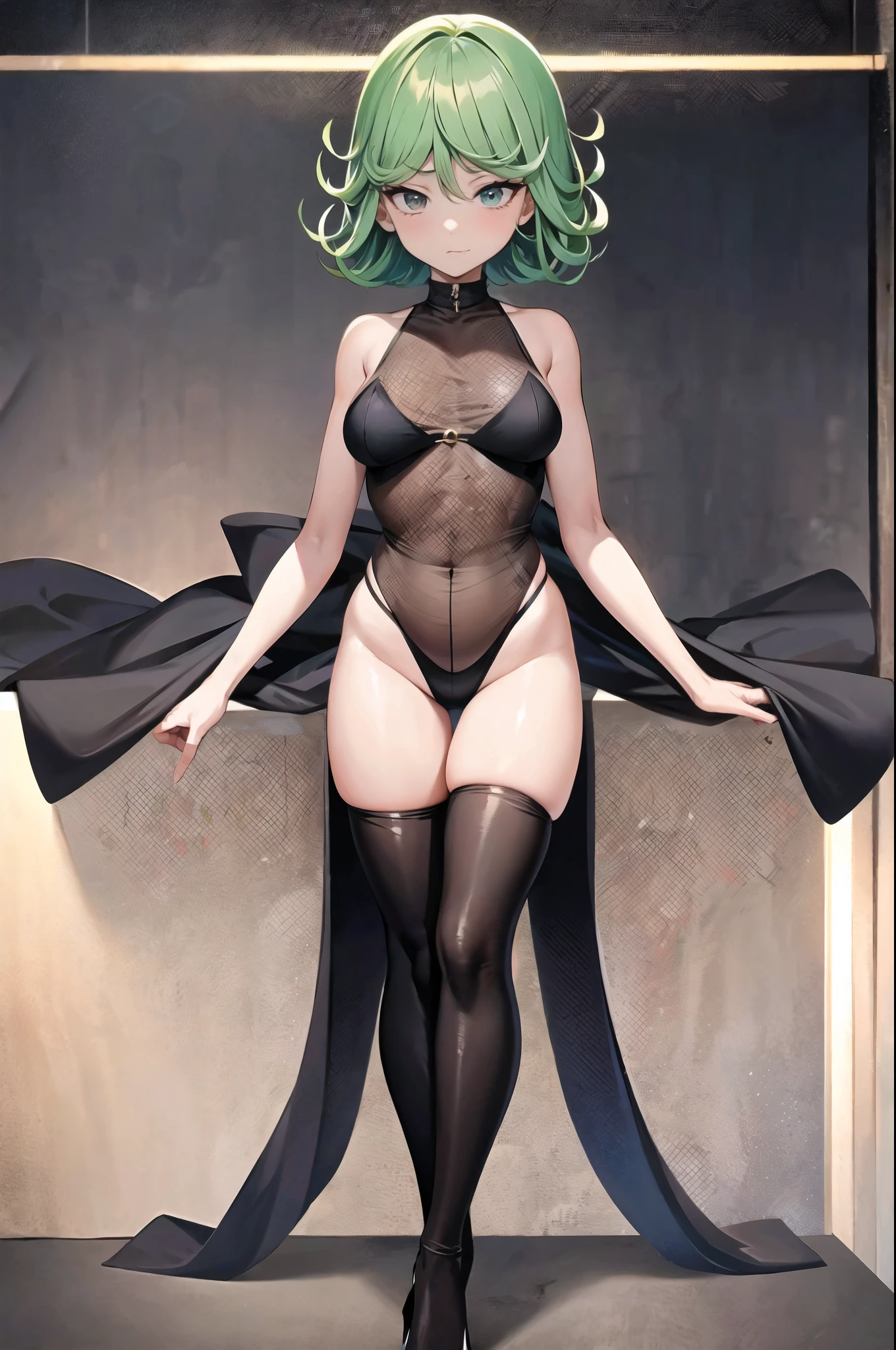 1 girl, Tatsumaki (pelvic curtain: 1.3) black transparent erotic lingerie, masterpiece, official art, hyperfocus, sakimi zen (best quality: 1), (masterpiece: 1), (super detail: 1), ( tights: 1.2), 1 girl, plump, embarrassed to look at the audience, puffiness, small breasts, tiny breasts, large areola, denim shot, solo, simple background, transparent suit