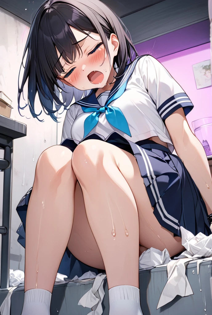 masterpiece, best quality, ultra high resolution, sailor uniform, high school girl, sailor uniform, young , sweat, vapor, seductive, 18 years old, short black hair, joke, big tits, saggy tits, torogao, innocent, delicate, Skirt, view from below, (view from behind), round and perfect ass, lying down looking down, se le levanra un poco la Skirt y se logra ver un poco del culo
