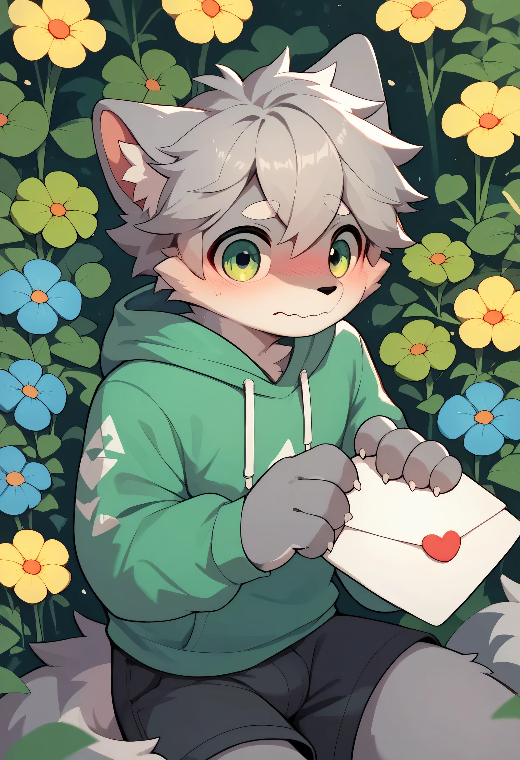 ( gray fur ,Grey Hair,) very detailed, super high resolution ,With flowers, looks embarrassed,Deliver the letter, boys, blanking in the heart of the city, fluffy fur ,participate,, cute face, rucksack,No friends, shorts, Green Hoodie ,