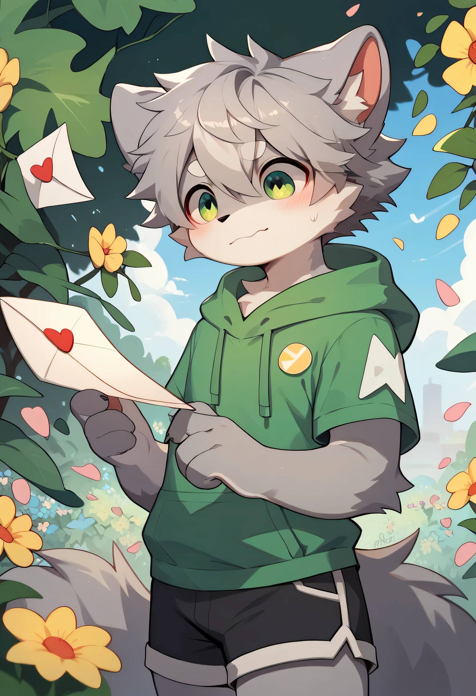 ( gray fur ,Grey Hair,) very detailed, super high resolution ,With flowers, looks embarrassed,Deliver the letter, boys, blanking in the heart of the city, fluffy fur ,participate,, cute face, rucksack,No friends, shorts, Green Hoodie ,