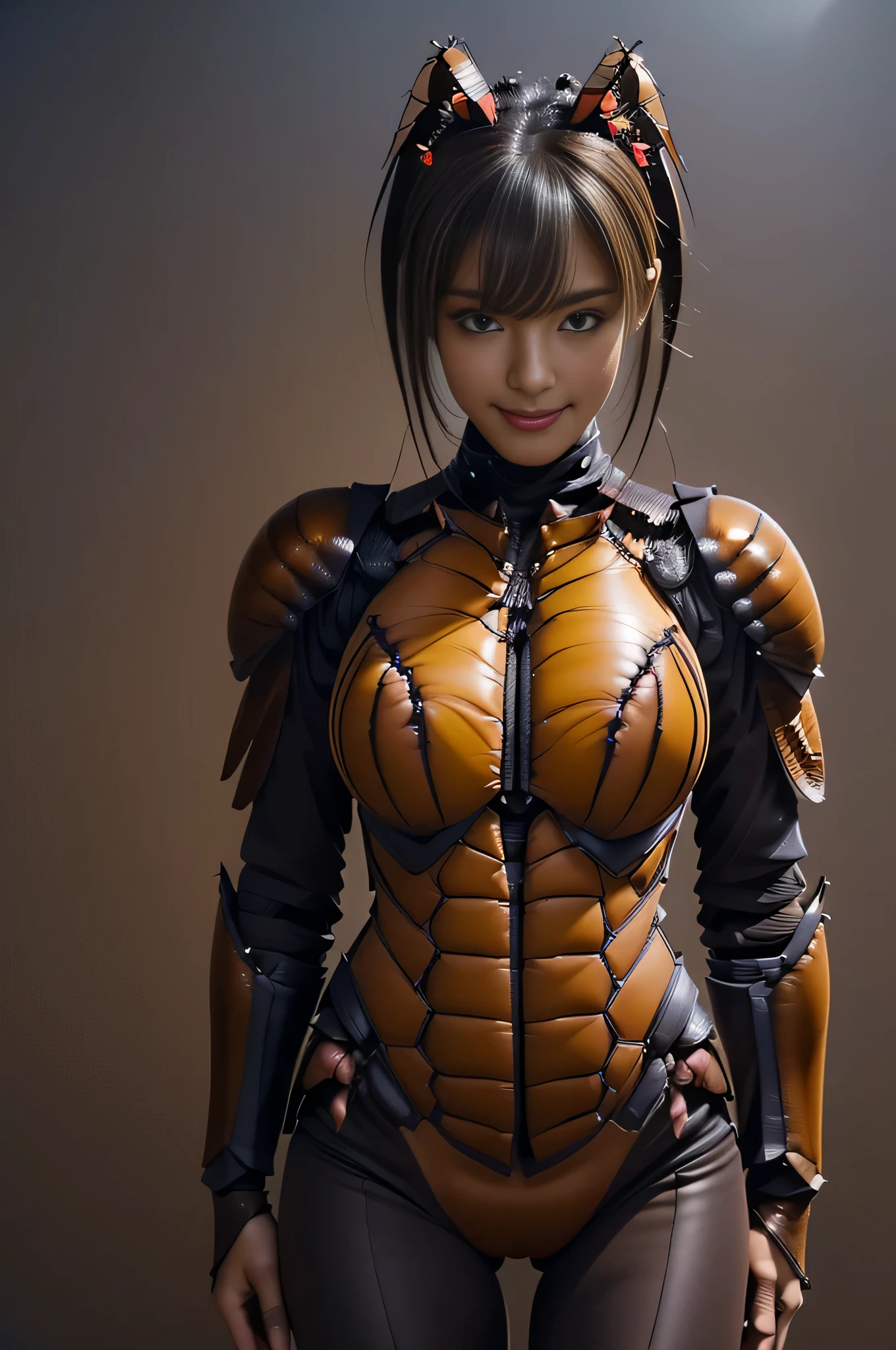 (high resolution,masterpiece,best quality,extremely detailed CG, anime, official art:1.4), realistic, photo, amazing fine details, all intricate, gloss and shiny,awesome many layers, 8k wall paper, 3d, sketch, kawaii, illustration,( solo:1.4), perfect female proportion,villainess, (fusion of dark brown cockroach and lady:1.4), (brown cockroach form lady:1.2), (brown cockroach lady:1.2), (fusion:1.2), (solo:1.4), (evil smile:1.2), muscular, abs, (cockroach brown exoskeleton bio insect suit:1.4), (cockroach brown exoskeleton bio insect armor:1.2), (brown transparency cockroach wing:1.4), (brown cockroach antennae:1.3),