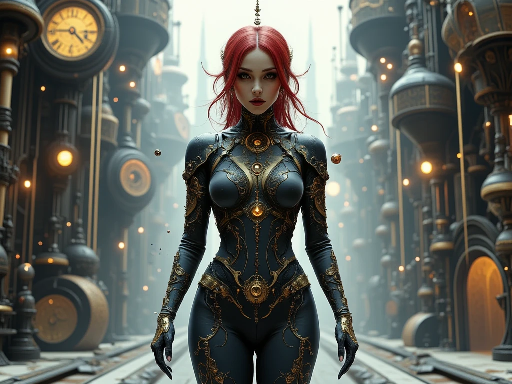 Create an epic and fantastical detailed illustration in manga style of a woman in a Victorian steampunk universe. She is wearing a form-fitting black dress adorned with golden mechanical pieces, including gears, intricate mechanisms, and sculpted metallic elements covering her arms, legs, and torso. Her vibrant red hair cascades in waves around her face, and a mechanical ornament adorns her head. In the background, a vast hall filled with towering machines and giant moving gears is illuminated by soft golden light streaming through a large window. Particles float in the air, adding a dynamic touch to the scene. The atmosphere is elegant, industrial, and slightly futuristic, with a detailed and cohesive steampunk aesthetic.