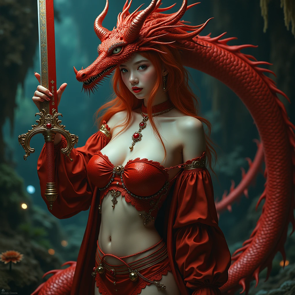 (best quality,4k,8k,highres,masterpiece:1.2), ultra-detailed, realistic, naked sexy dragon woman with red and white glittering scales, long fiery red hair with white highlights, very playful but mischievous smile, naked, nude, detailed crotch, detailed vulva, sexy pose, spread legs, playful, bi-coloured eyes, heterochromia, lustful