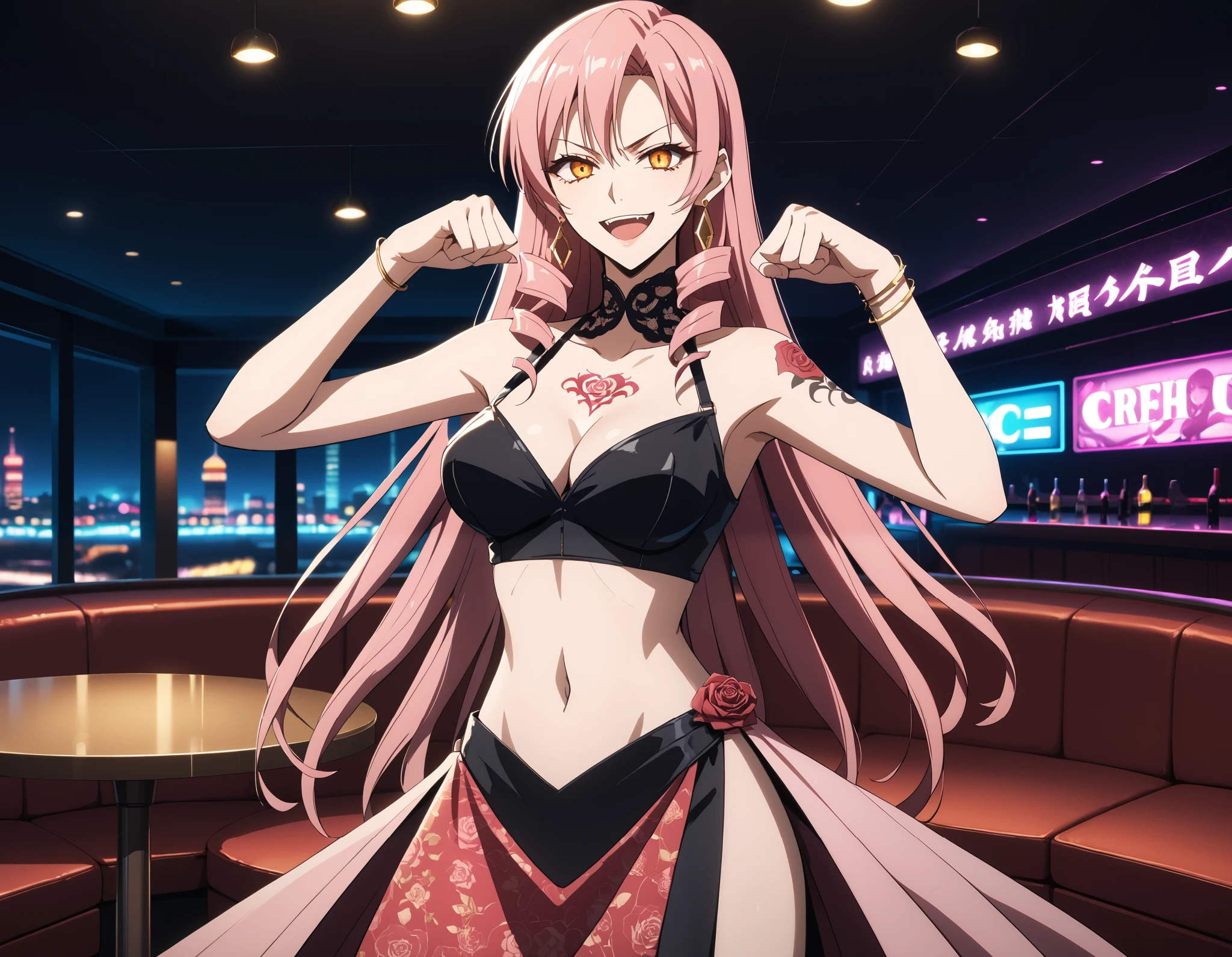 1girl, solo,
score_6, score_7, score_8, score_9,
 pink hair, long hair, drill hair, orange_eyes, yellow_eyes, midriff, navel, cleavage, smirk, FullyExposedStomach, midriff, navel,
(toned_body:0.8),  bar
background, inside bar,indoors, cityscape, casino, nightclub, city lights,jewelry, earrings, masterpiece, best quality, highly detailed, a anime girls in long dress with navel cutout posing for a
picture, evil smile, smile, open mouth, (nsfw) not safe for work, revealing dress, beautiful dress center
opening , long dress with bellybutton showing, ecchi anime style, anime girls, ecchi style, ecchi, digital
anime art!!, in anime style, official artwork, visual novel cg, beautiful anime girl, anime style 4 k, exposed
navel, exposed bellybutton, jewelry, earrings, complex detailed background, casino environment, fancy
interior environment, rich interior, holding a gun, holding pistol,, tattoo on body, dragon tattoo, tattoo midriff, rose tattoo,, dual wielding, , open arms sideway, arms T-pose, smirk, standing, anime girl T posing