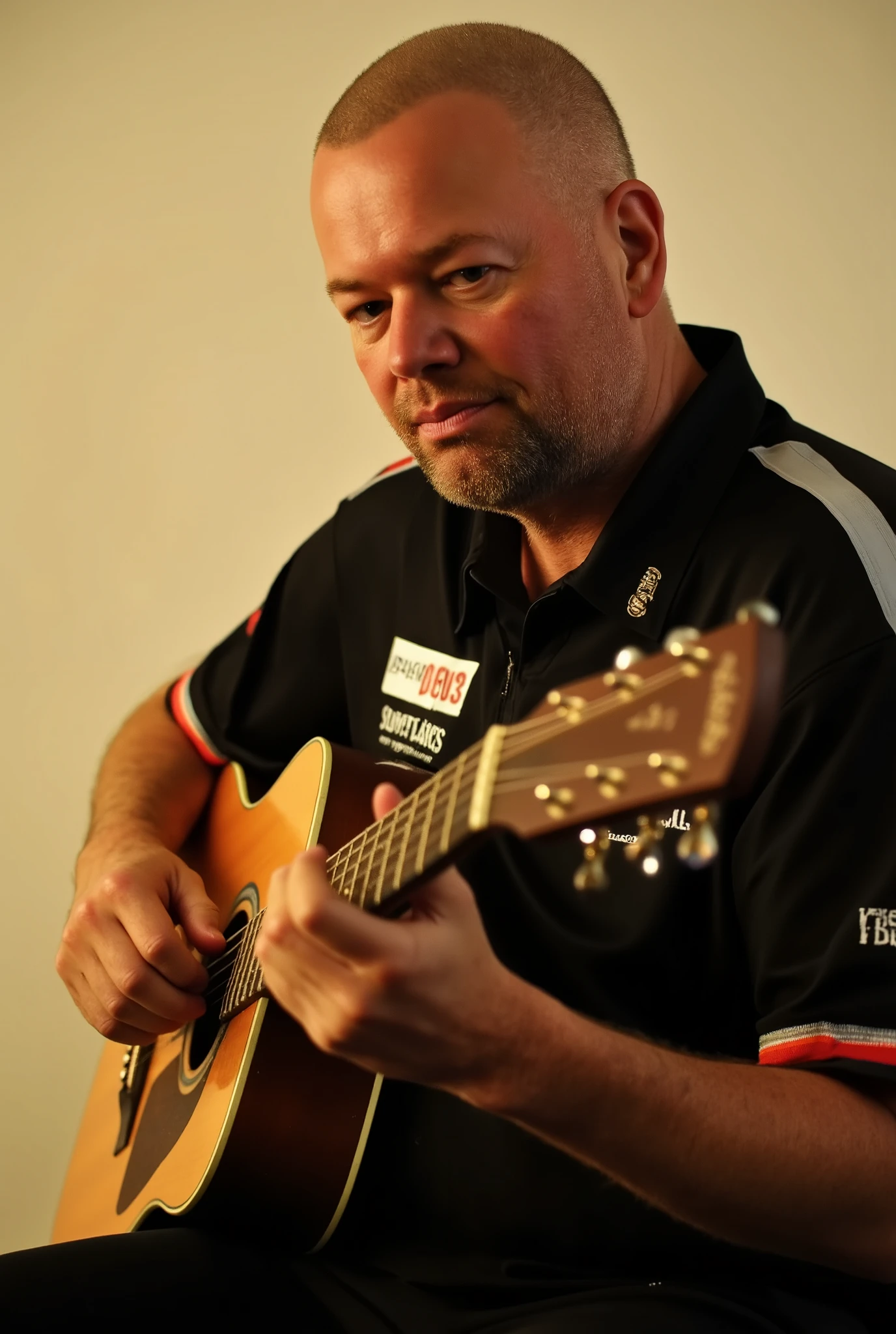 A high-resolution photograph of Raymond van Barneveld playing an acoustic guitar,