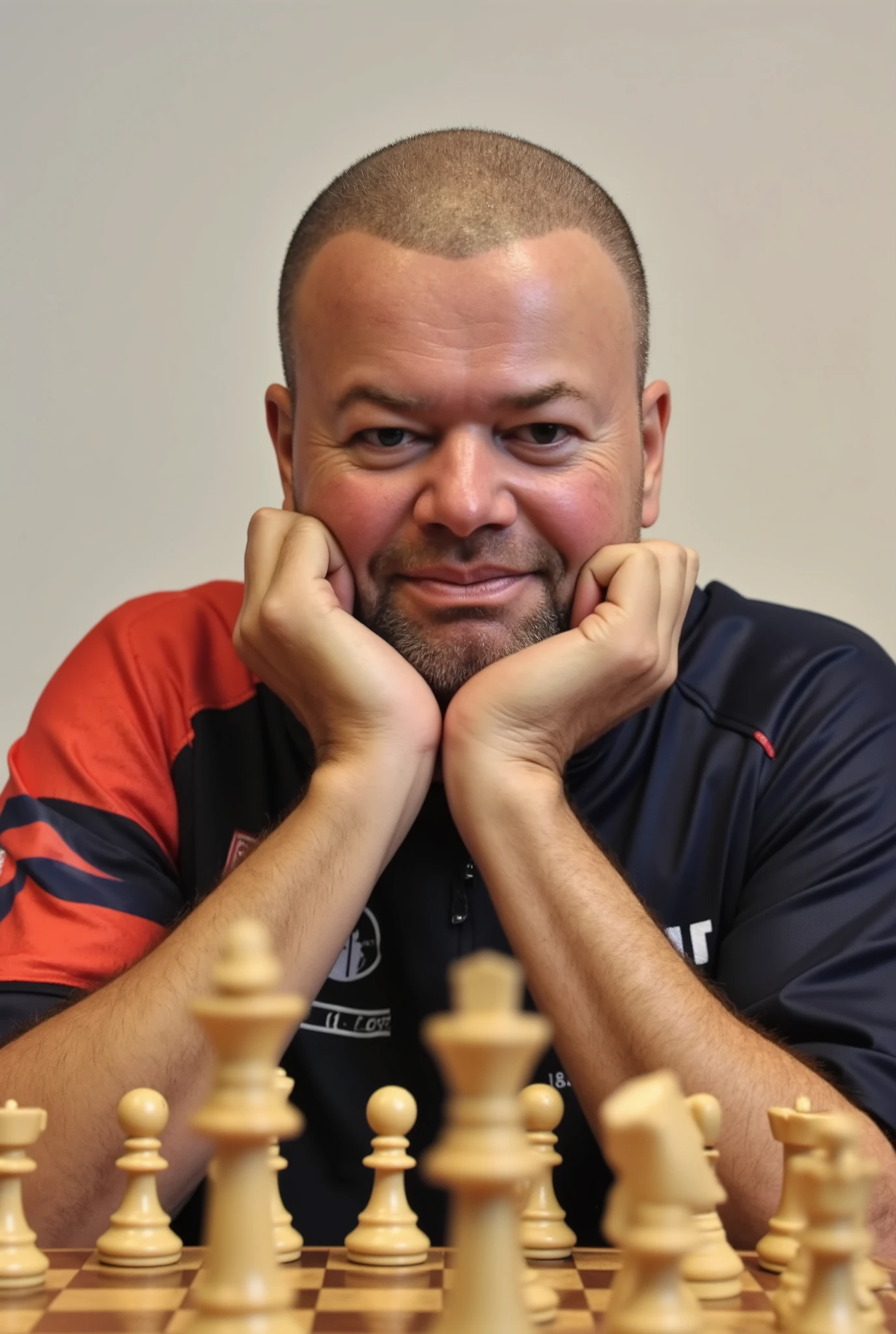 A high-resolution photograph of Raymond van Barneveld, sitting behind a chess board, chin resting on his hands, looking down contemplatively