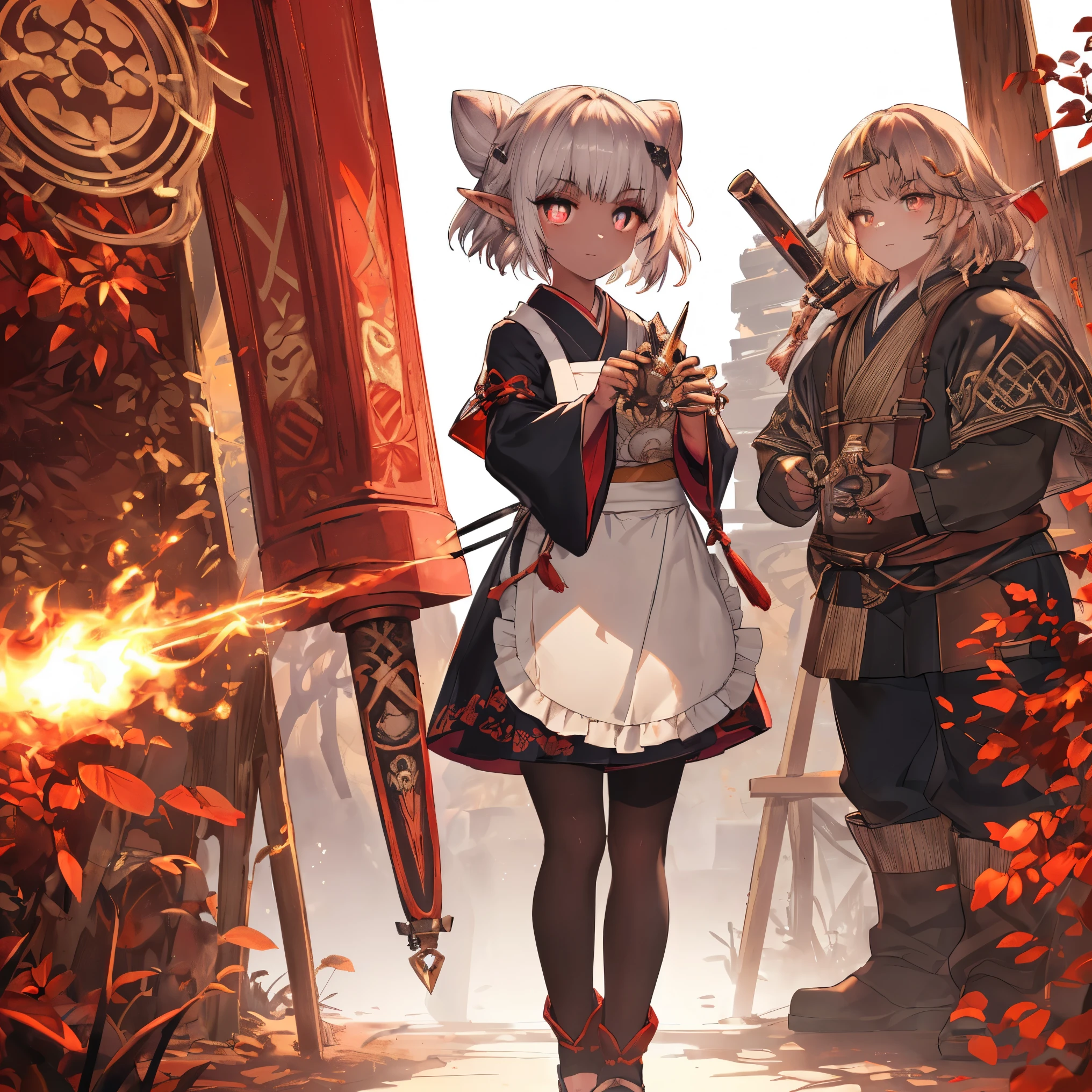 masterpiece, best quality, highly detailed, digital art, character design, full body shot, ((female dark elf and dwarf hybrid:1.4)), ((short hair dark chestnut with reddish tint:1.2)), (short 162cm tall:1.3), ((short hair dark chestnut with reddish tint:1.2)), (hair in small bun during work,) (amber eyes with slightly elongated pupils:1.3), flame-like eye glow, (casual japanese-style clothing:1.2), (leather craftsman apron:1.1), muscular but feminine build, glamorous body type, small burn marks and scars on skin, detailed metalworking tools nearby, forge background, warm lighting, intricate metalcraft details, magical crafting aura, (magical weapon creation pose:1.2), dynamic composition