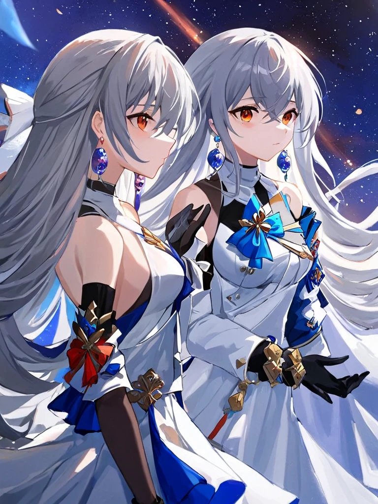  Ultra Details,( top quality ),((masterpiece)),( high definition ), original ,extremely, 1 girl,Bronya,  1 girl, Alone,   red eyes,  orange eyes,Grey Hair, long hair, earrings,  gloves,  white dress,  black  gloves, Bare shoulders, chest,   white dress , elbow  gloves,  Sleeveless,