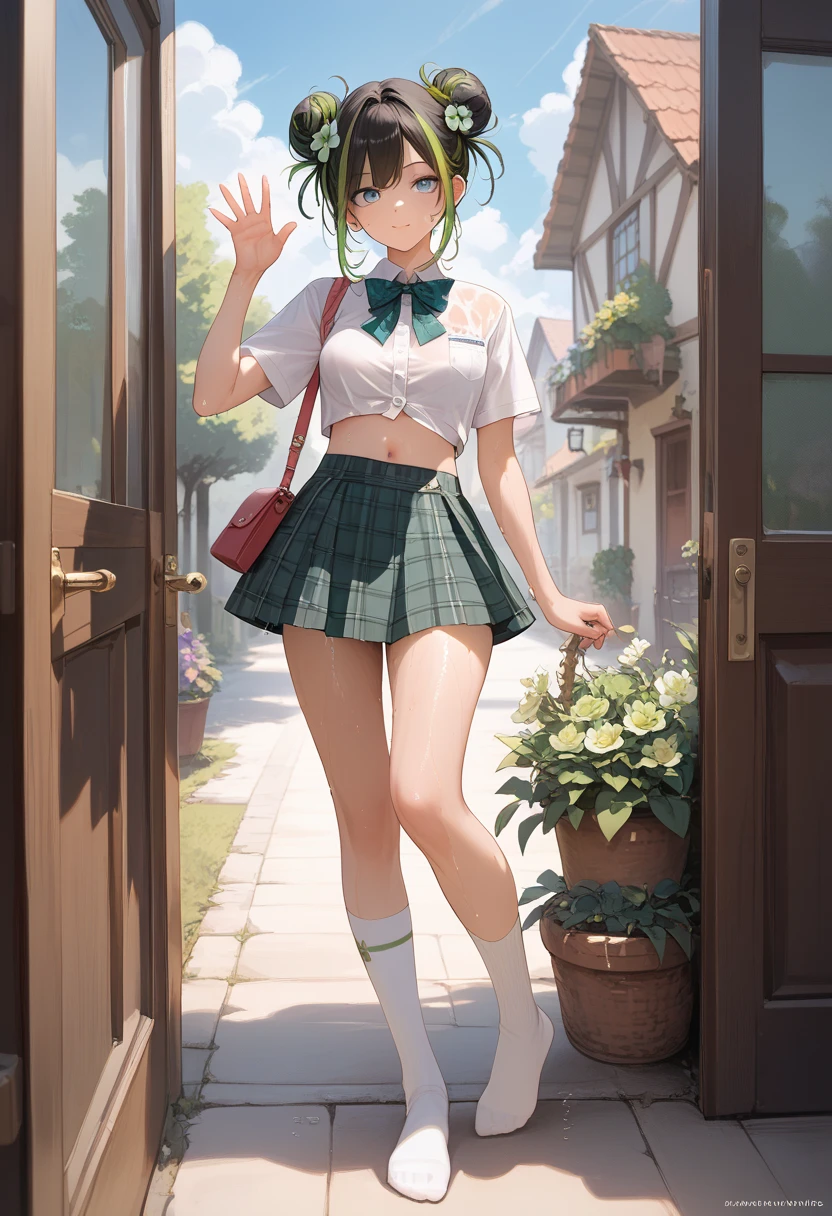 (((Masterpiece , high quality image: 1.5))) full body picture, messy buns, (fading dark green dyed hair) blue eyes, exited expression, shes standing at the door way, 1girl, white cropped shirt with dark green ribbon, Plaid skirt, (white thigh-high socks with dark green flower design). Shoulder bag on the left, waving right hand. ((Sweaty, wet from sweat: 1.3)), (slim) slender, medium breast, navel, (detailed Face), (((anatomically correct body: 1.5)))