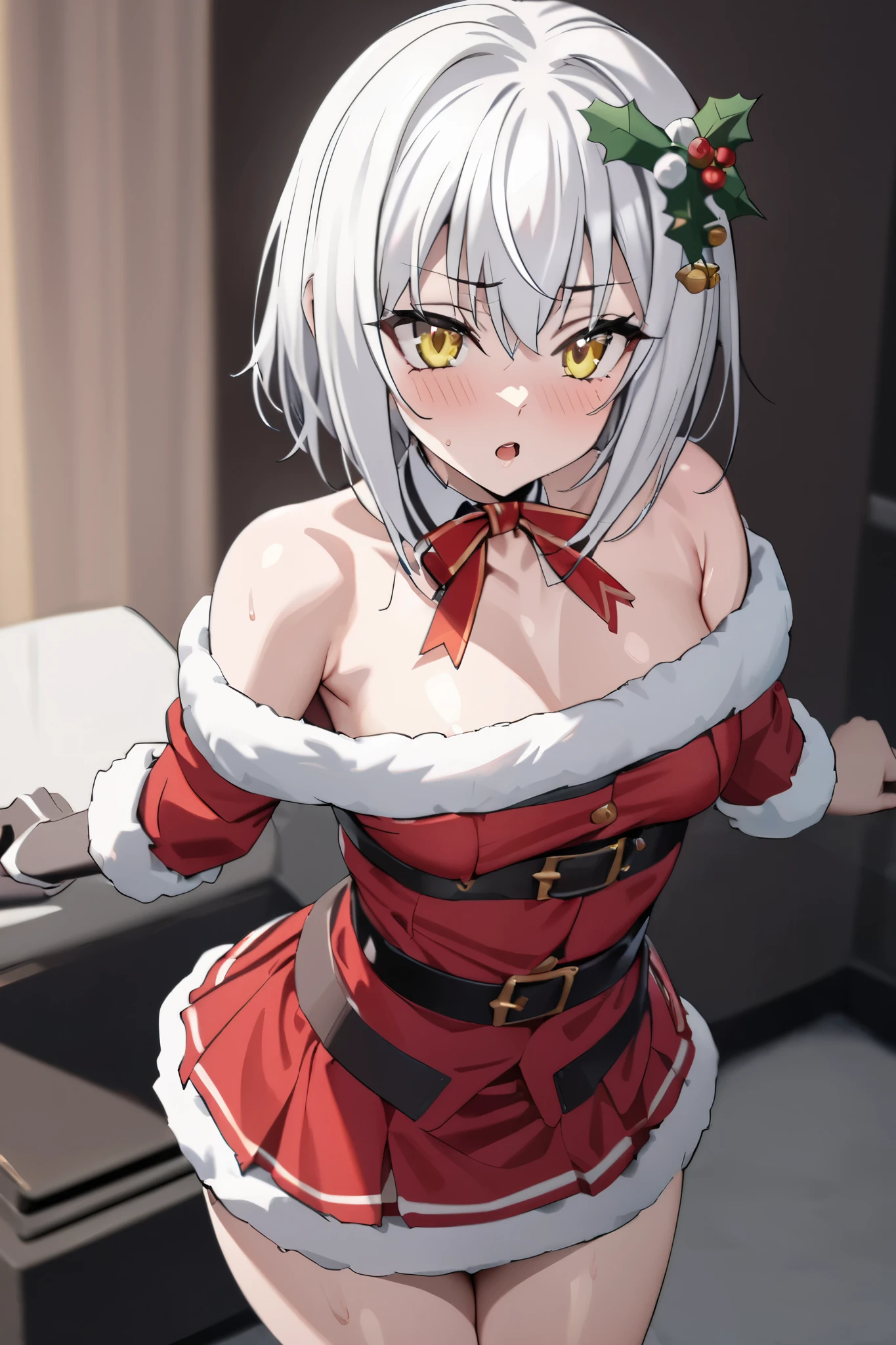 NSFW,masterpiece, top quality , high definition , very detailed,Tacheng kitten、 short hair、 hair ornament、 yellow eyes、White Hair, Santa Claus, miniskirt, shoulder out