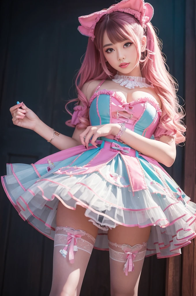 unparalleled masterpiece ever, super realistic 8K , erfect artwork、Cultural fashion for s in the UK、garter stocking、Sexy and colorful、shockingpink、((a miniskirt))、frilld、Women's glitter fashion、A detailed face、face perfect、Perfect eyes、high-detail