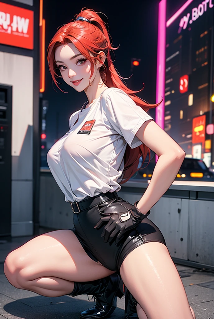 One girl, alone, Redhead, Red eyes, Twin tails, Employee uniforms, Pencil Skirt, Cute cat character print, Navy Cap, Orange sky,, Outdoor, station, Stand in front of the bus,, 、Place your hands on your hips、Cowboy Shot