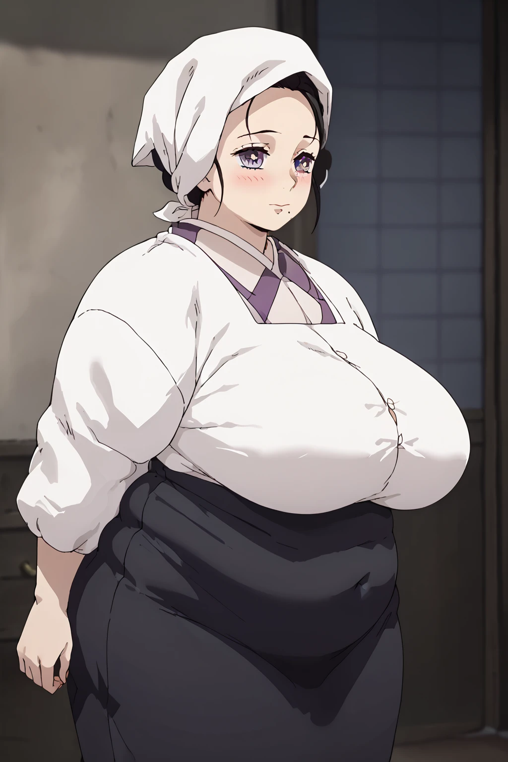  Kamado Aoie , Kamado Kie ,  mature woman, One Woman ,Alone,  purple eyes , black hair,Mole under the mouth , head scarf,White kappou suit , score_9,   score_8_up,   score_7_up,   score_6_up,   score_5_up,   score_4_up,     masterpiece   ,   top quality,     very aesthetic ,    absurd,    source_Anime, Anime screencap,    one woman , Alone,   personal   ,  Super huge breasts, ((( super huge clevis, Super huge , Super huge boob))), Curvy,   chubby ,  Mature Woman,  chubby, ssbbw,   obese ,blush,  troubled expression、 sloppy stomach、Three-section abdomen、Plump belly、I'm worried about belly fat 、 face forward