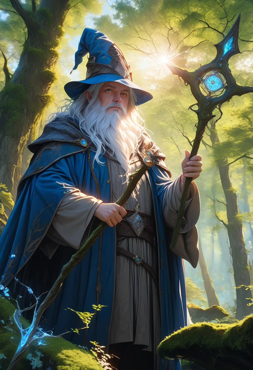 PetrPavel as a Wizard, in a wood, gandalf cosplay, blue cape, blue hat, detailed face, long white beard, holding staff, mystical atmosphere, ambient lighting, vibrant colors, fantasy landscape, detailed foliage, moss-covered trees, sunbeams, (best quality,4k,8k,highres,masterpiece:1.2),ultra-detailed,(realistic,photorealistic,photo-realistic:1.37)