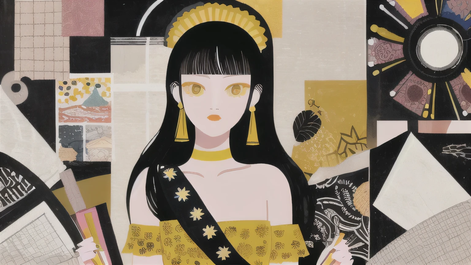 masterpiece, illustration of yellow art, in the style of grunge beauty, sandara tang, mixed patterns, charming character illustrations, folkloric , minimalis