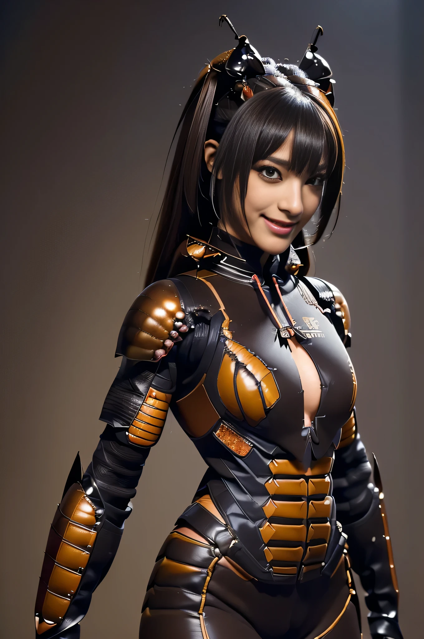 (high resolution,masterpiece,best quality,extremely detailed CG, anime, official art:1.4), realistic, photo, amazing fine details, all intricate, gloss and shiny,awesome many layers, 8k wall paper, 3d, sketch, kawaii, illustration,( solo:1.4), perfect female proportion,villainess, (fusion of dark brown cockroach and lady:1.4), (brown cockroach form lady:1.2), (brown cockroach lady:1.2), (fusion:1.2), (solo:1.4), (evil smile:1.2), muscular, abs, (cockroach brown exoskeleton bio insect suit:1.4), (cockroach brown exoskeleton bio insect armor:1.2), (brown transparency cockroach wing:1.4), (brown cockroach antennae:1.3),