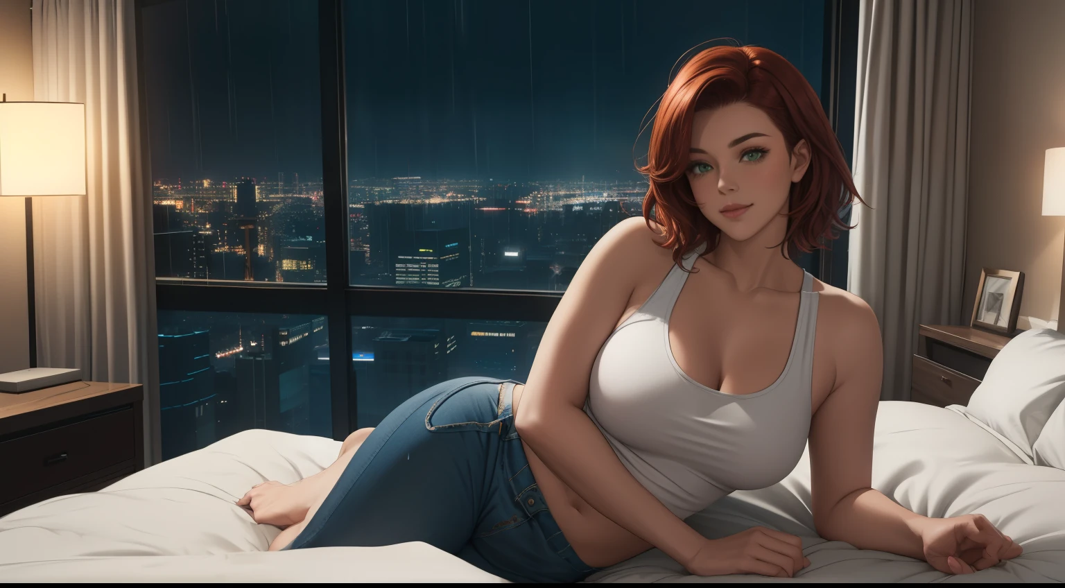 "Create a cinematic, cozy bedroom at nighttime with a modern urban setting. A large glass window reveals a futuristic cityscape with neon lights glowing against a rainy backdrop. The perspective is from a distance, showing the entire bedroom layout. A woman med breast with short auburn hair lies comfortably on the bed, fully visible, her body relaxed naturally. She wears an white tank top and fitted blue jeans. The bed is neatly made with soft green bedding, and warm light from a bedside lamp contrasts with the cool, rainy city view. The wooden floor, plants, and small decor details complete the tranquil and reflective atmosphere."